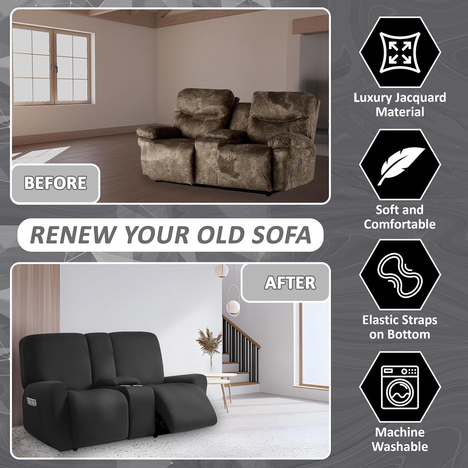 ULTICOR Squared Jacquard Design Reclining Loveseat with Middle Console Slipcover, 8-Piece Stretch Sofa Covers, 2 seat Loveseat Recliner Cover, Washable (Loveseat with Console Recliner Cover, Black)