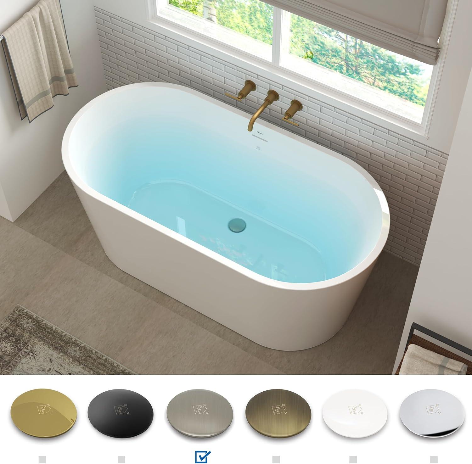 Freestanding Soaking Acrylic Bathtub with Brushed Nickel Drain