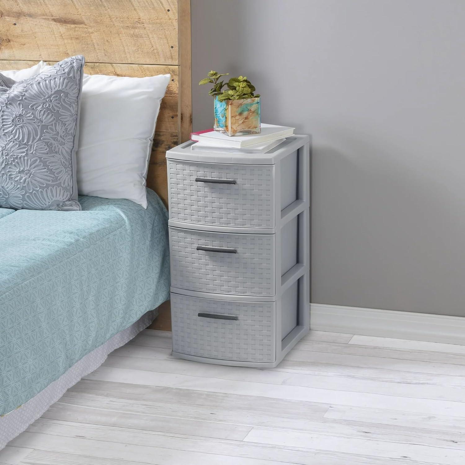 Cement Gray 3-Drawer Weave Plastic Storage Tower