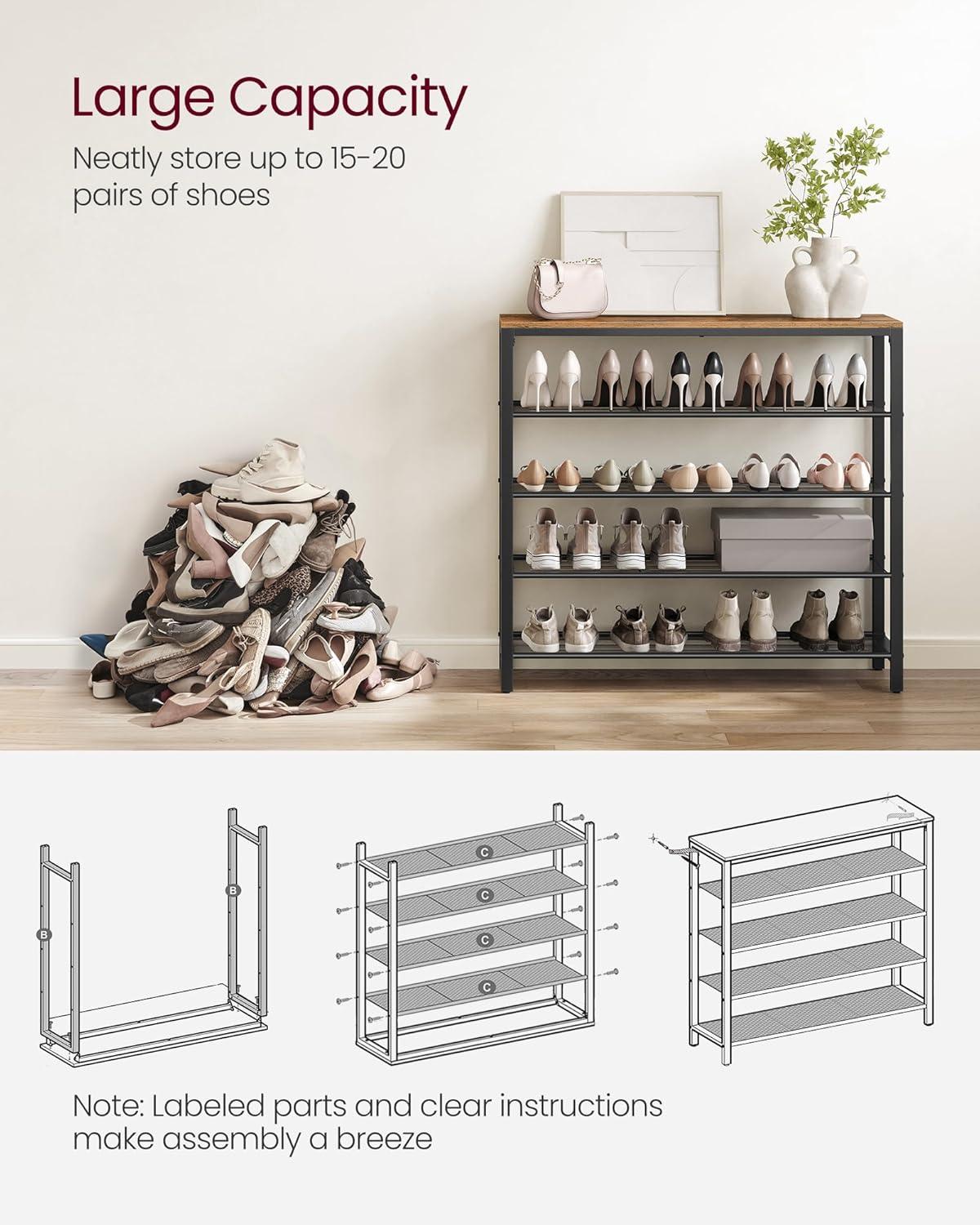 VASAGLE INDESTIC Shoe Rack - 5-Tier Storage Organizer with 4 Mesh Shelves