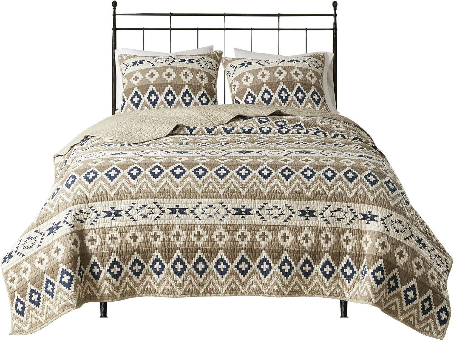 Blue and Tan Reversible Cotton King Quilt Set