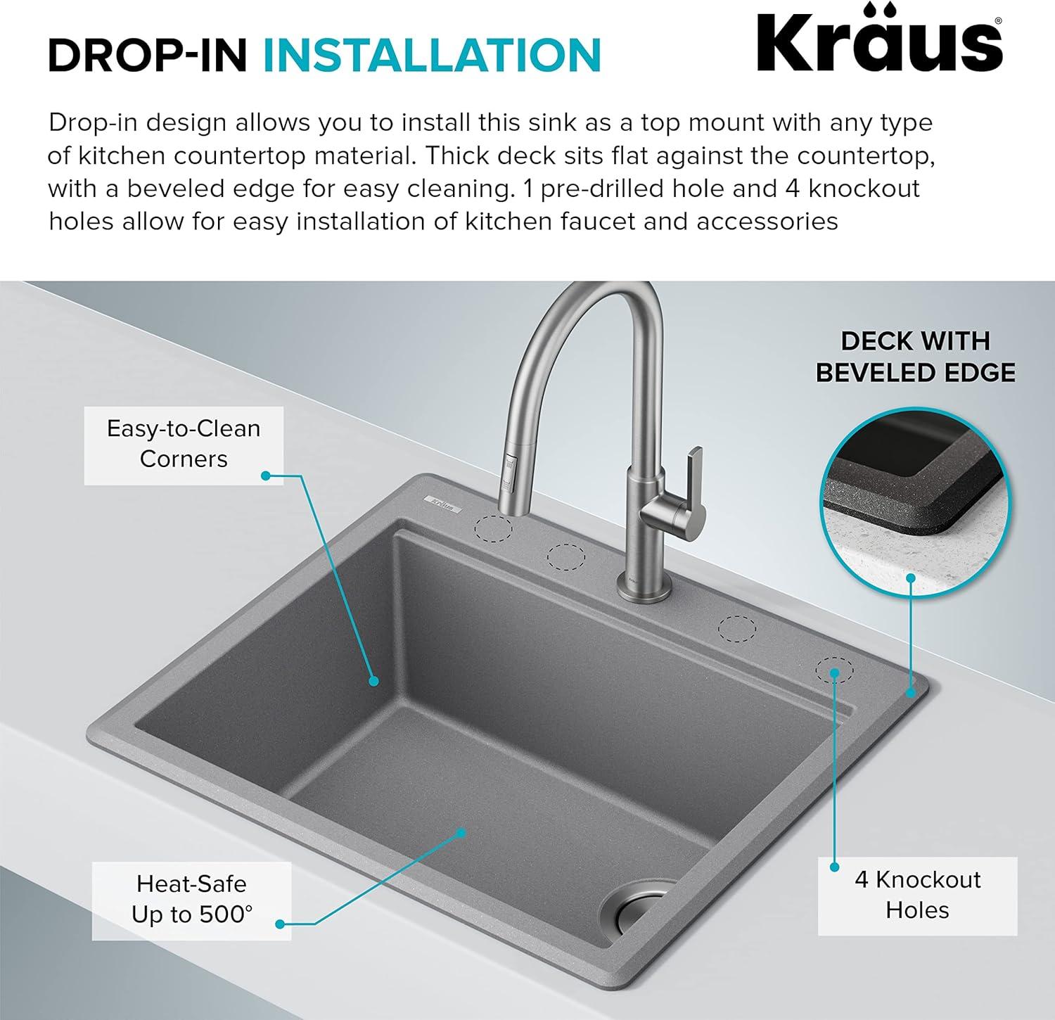 KRAUS Bellucci Granite Composite Workstation Drop-In Top Mount Single Bowl Kitchen Sink with Accessories