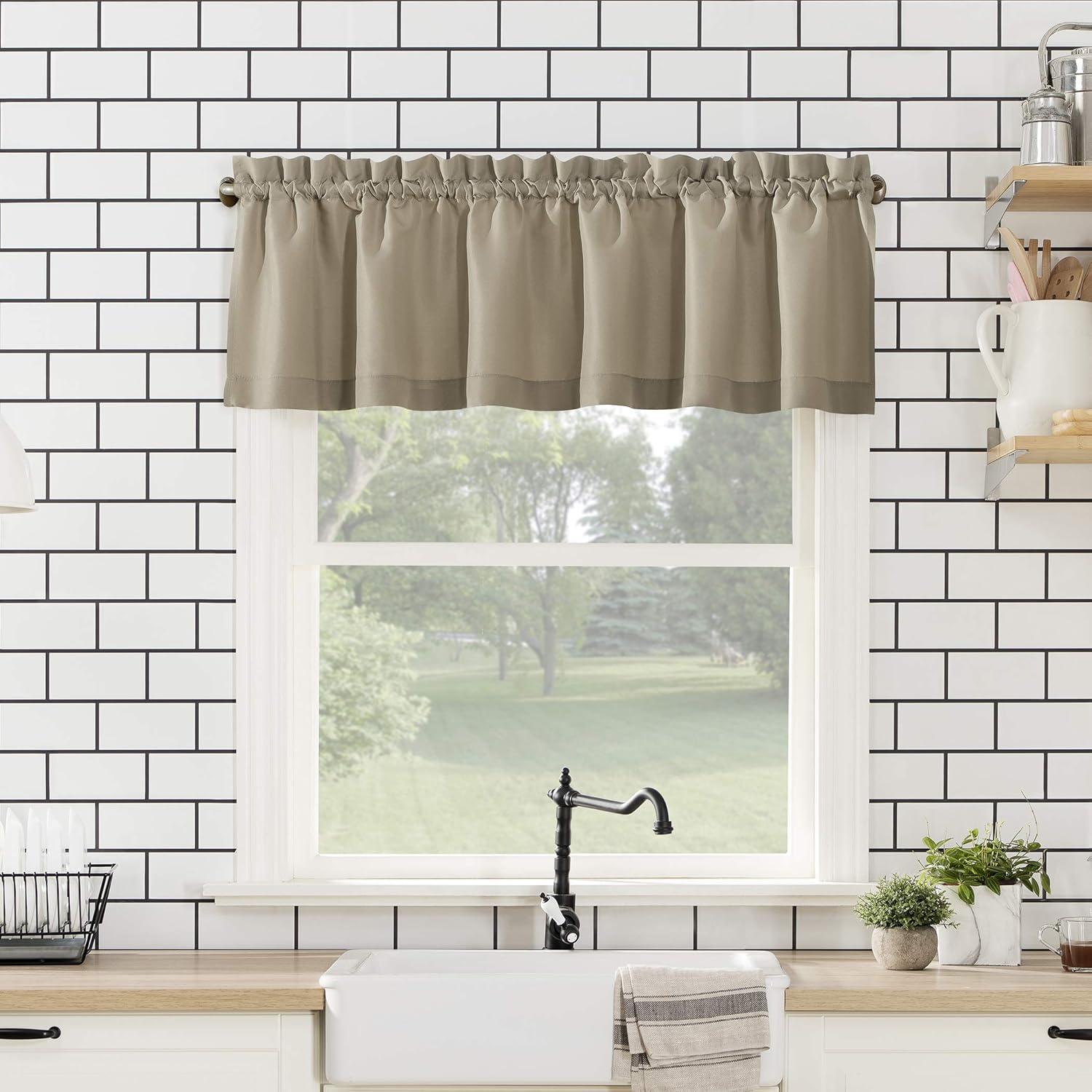 No. 918 Martine Microfiber Semi-Sheer Rod Pocket Kitchen Curtain Valance and Tiers Set, 54" x 24" 3-Piece, Taupe