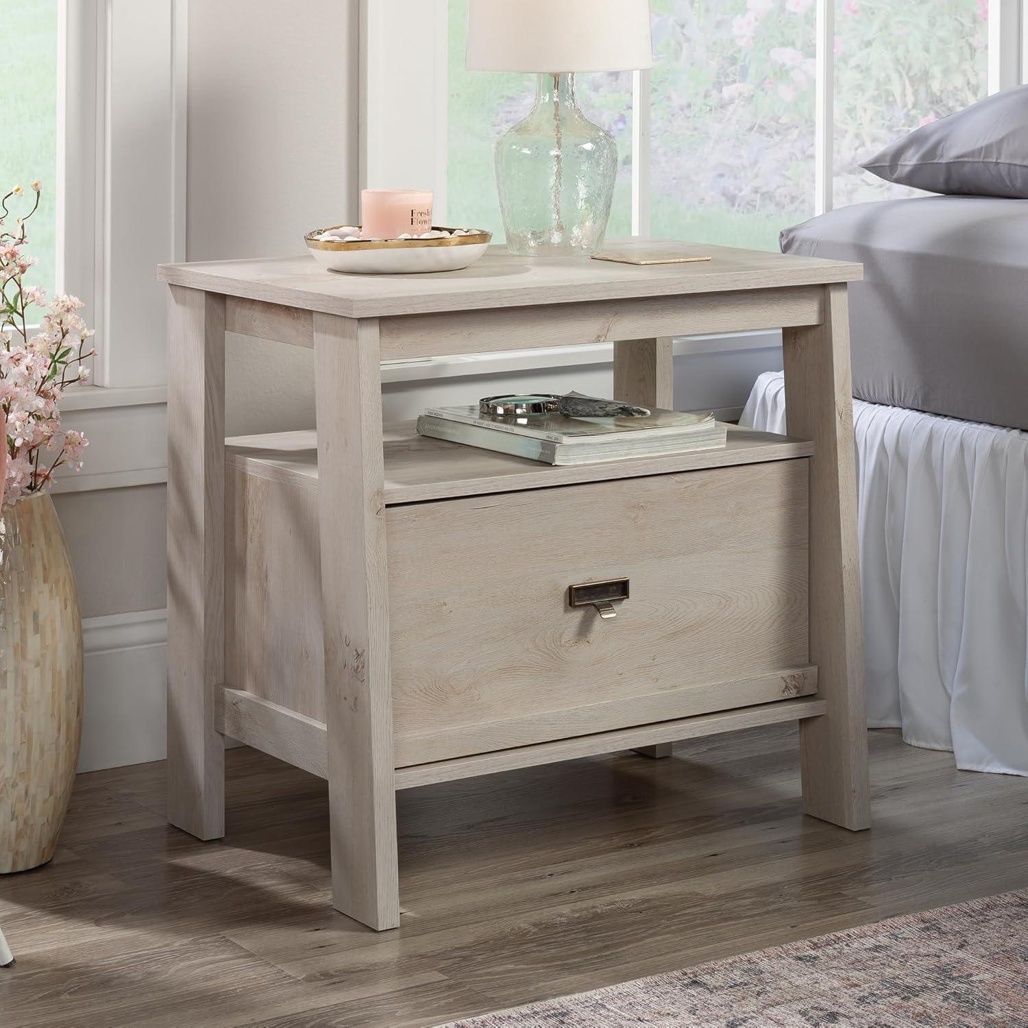 Trestle 1 Drawer Night Stand Chalked Chestnut - Sauder: Open Shelf, Smooth Metal Runners, MDF Construction