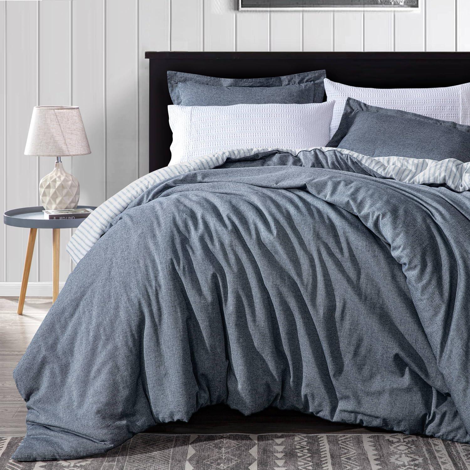 Light Denim Chambray Cotton Reversible Queen Comforter Set