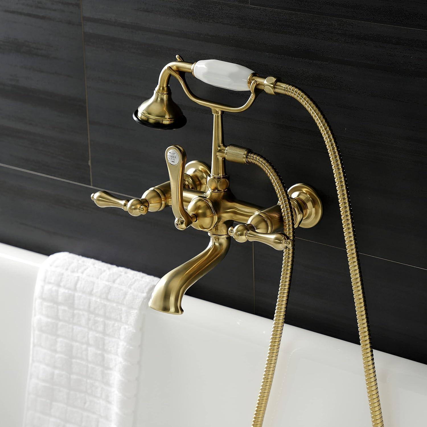 Brushed Brass Wall Mount Clawfoot Tub Faucet with Hand Shower