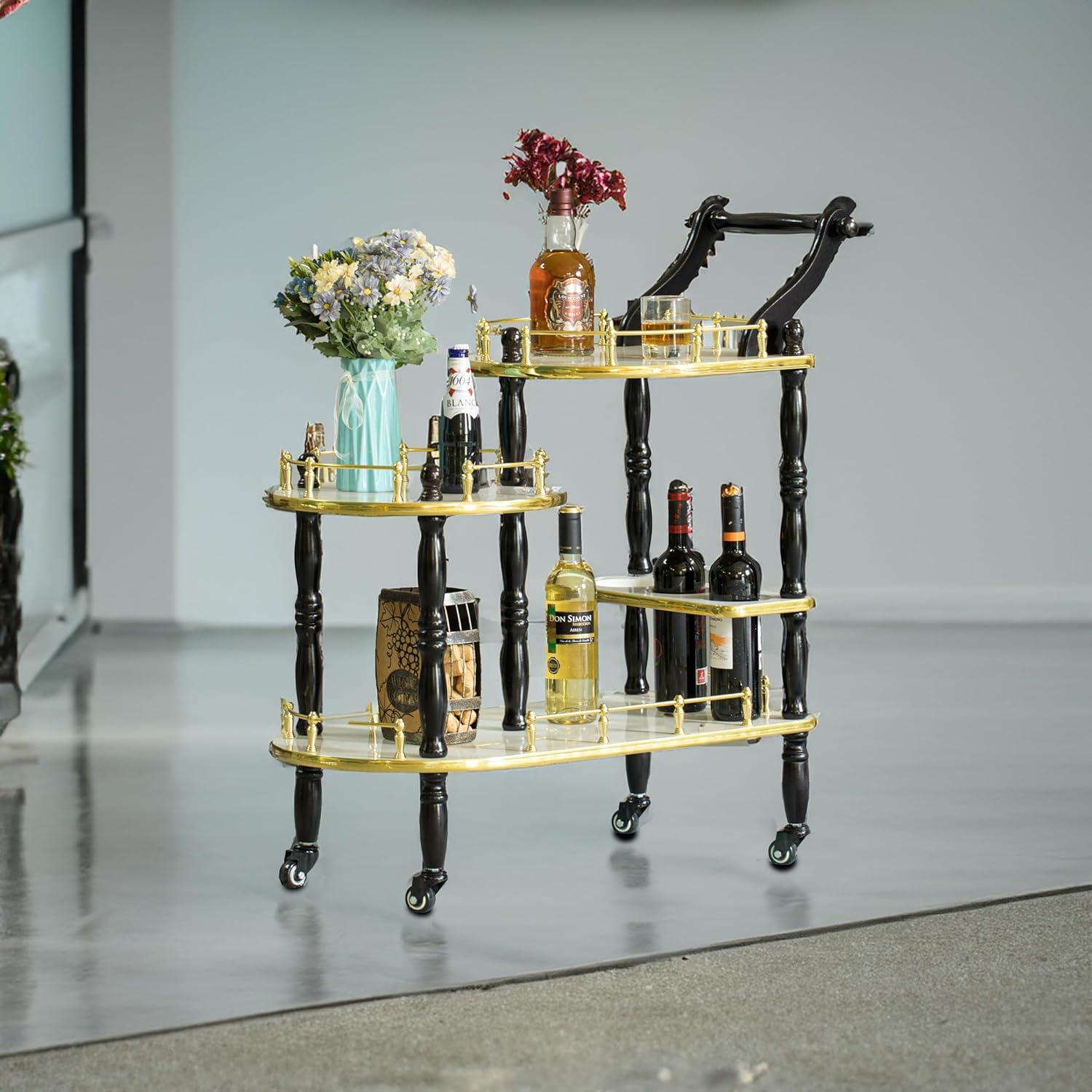 Wood Serving Bar Cart Tea Trolley with 3 Tier Shelves and Rolling Wheels