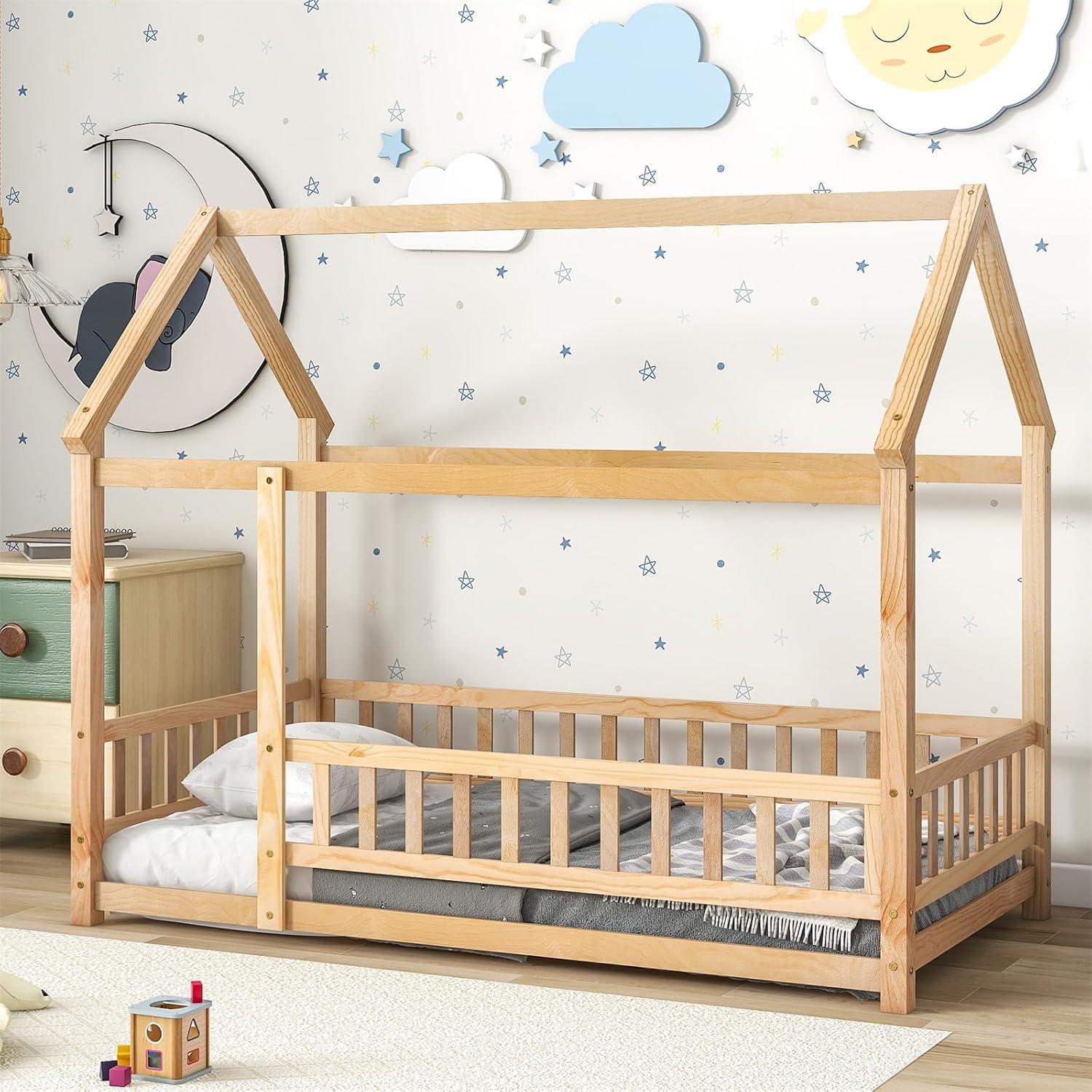 Natural Pine Twin Montessori House Bed Frame with Fence