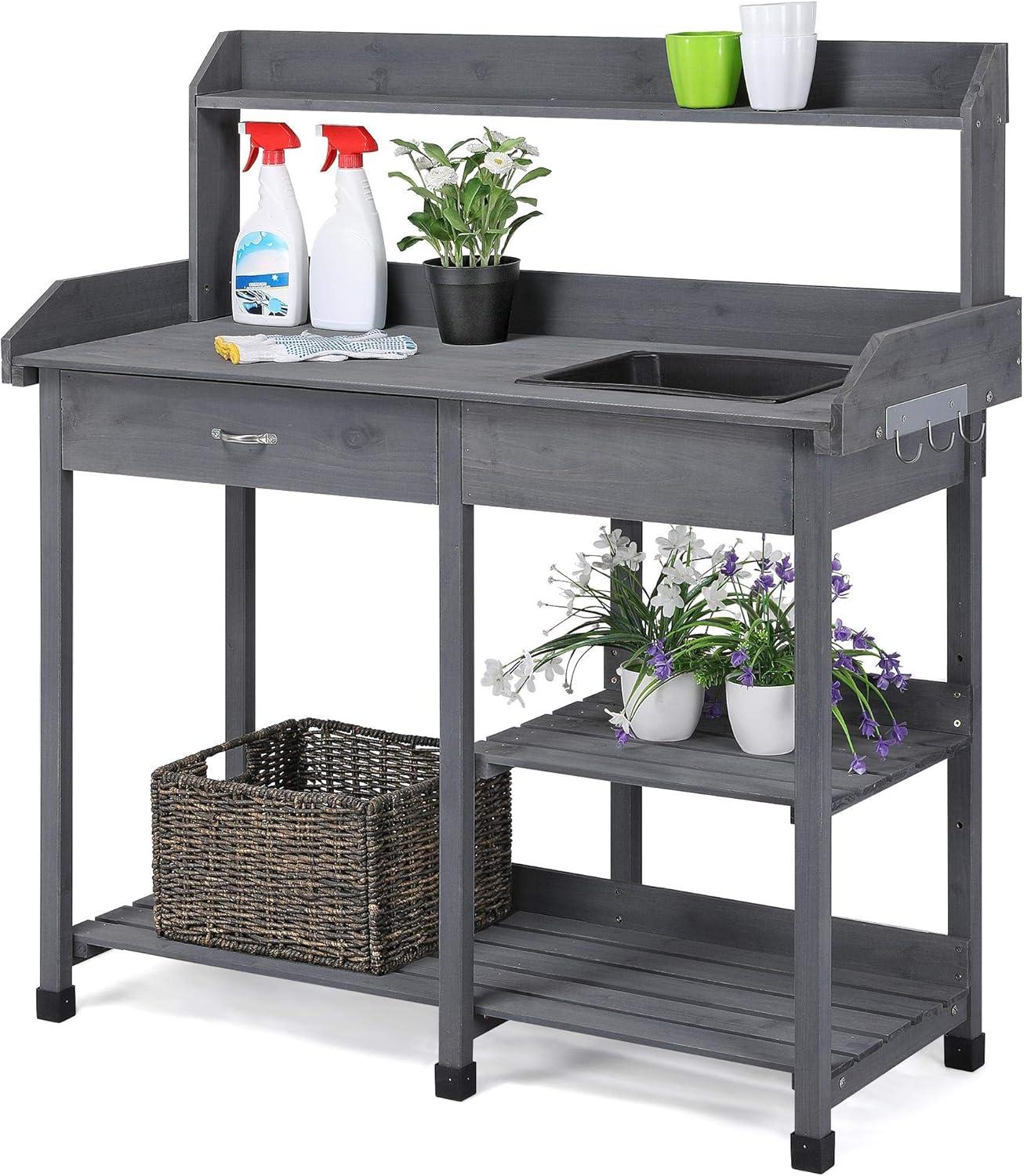 Outdoor Potting Bench Table Potters Benches Garden Workstation for Horticulture with Drawer/Adjustable Shelf Rack/Removable Sink/Hooks/Pads, Gray