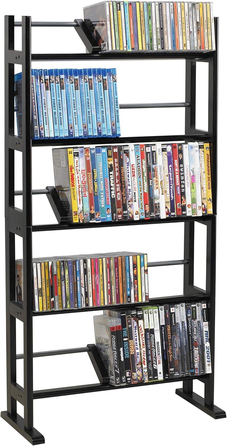 Espresso Wood and Metal Media Storage Rack with Dividers