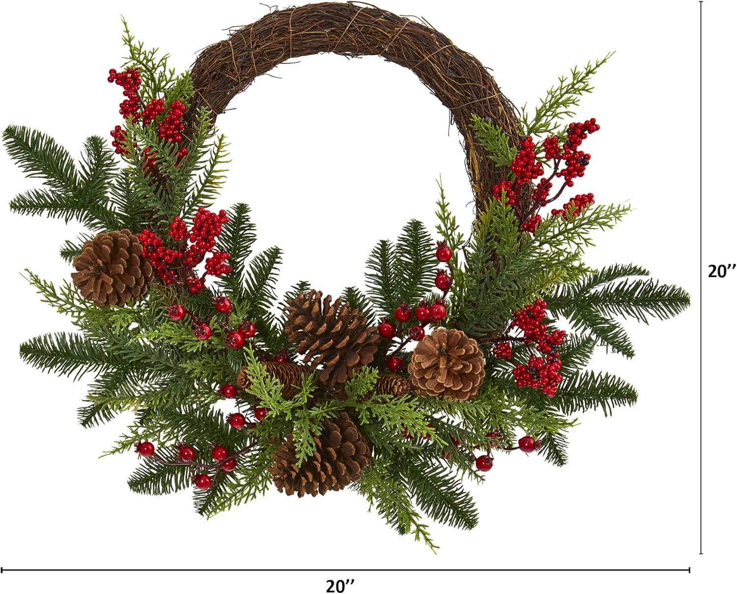 Nearly Natural 22” Mixed Pine and Cedar with Berries and Pine Cones Artificial Wreath