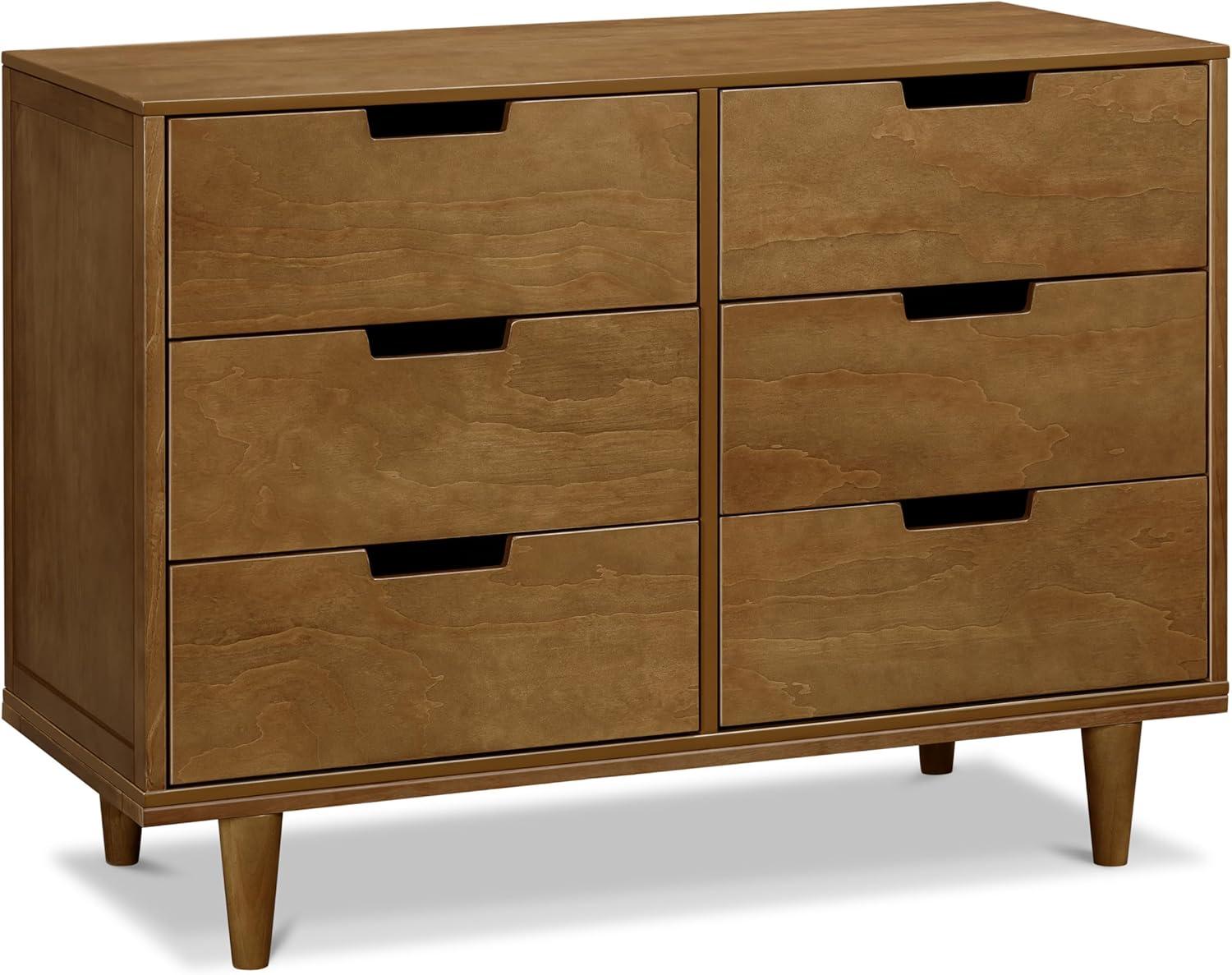 Walnut Pine Double Dresser with Six Drawers