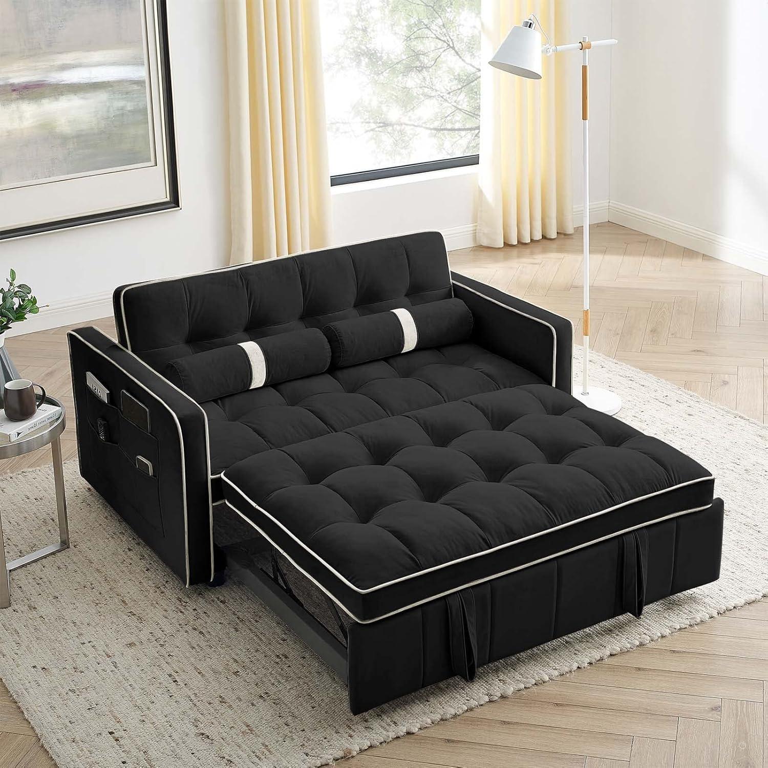3 in 1 Convertible Sleeper Sofa Bed,55" Modern Velvet Sofa Couch Bed with 2 Lumbar Pillows and Adjsutable Backrest,2 Seater Loveseats Sofa for Apartment Office Living Room,Black