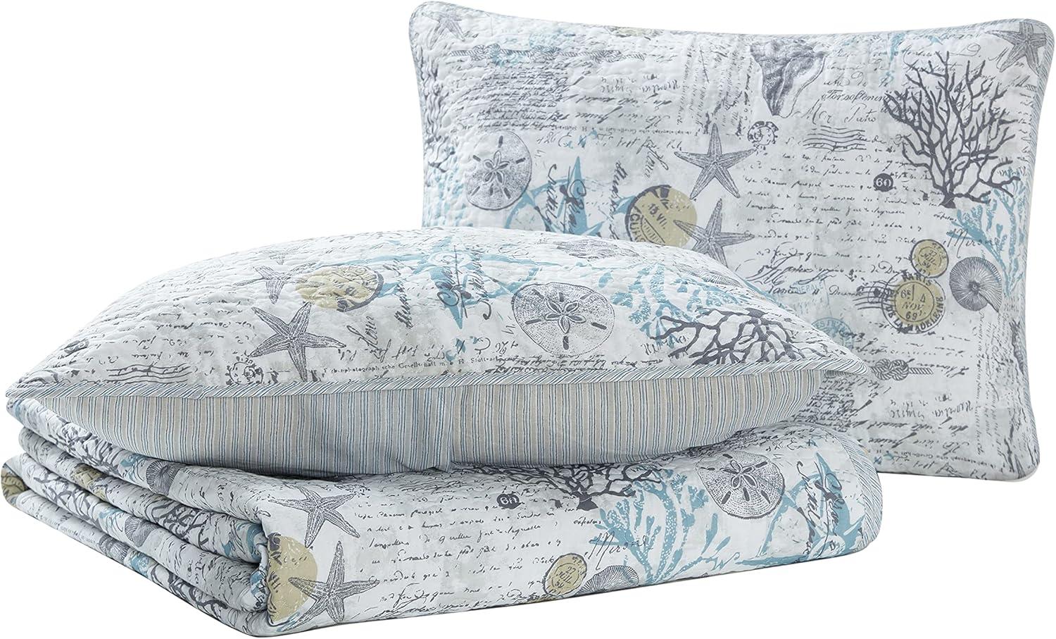 Beach Bliss Grey Reversible Coastal 3 Piece Quilt Set