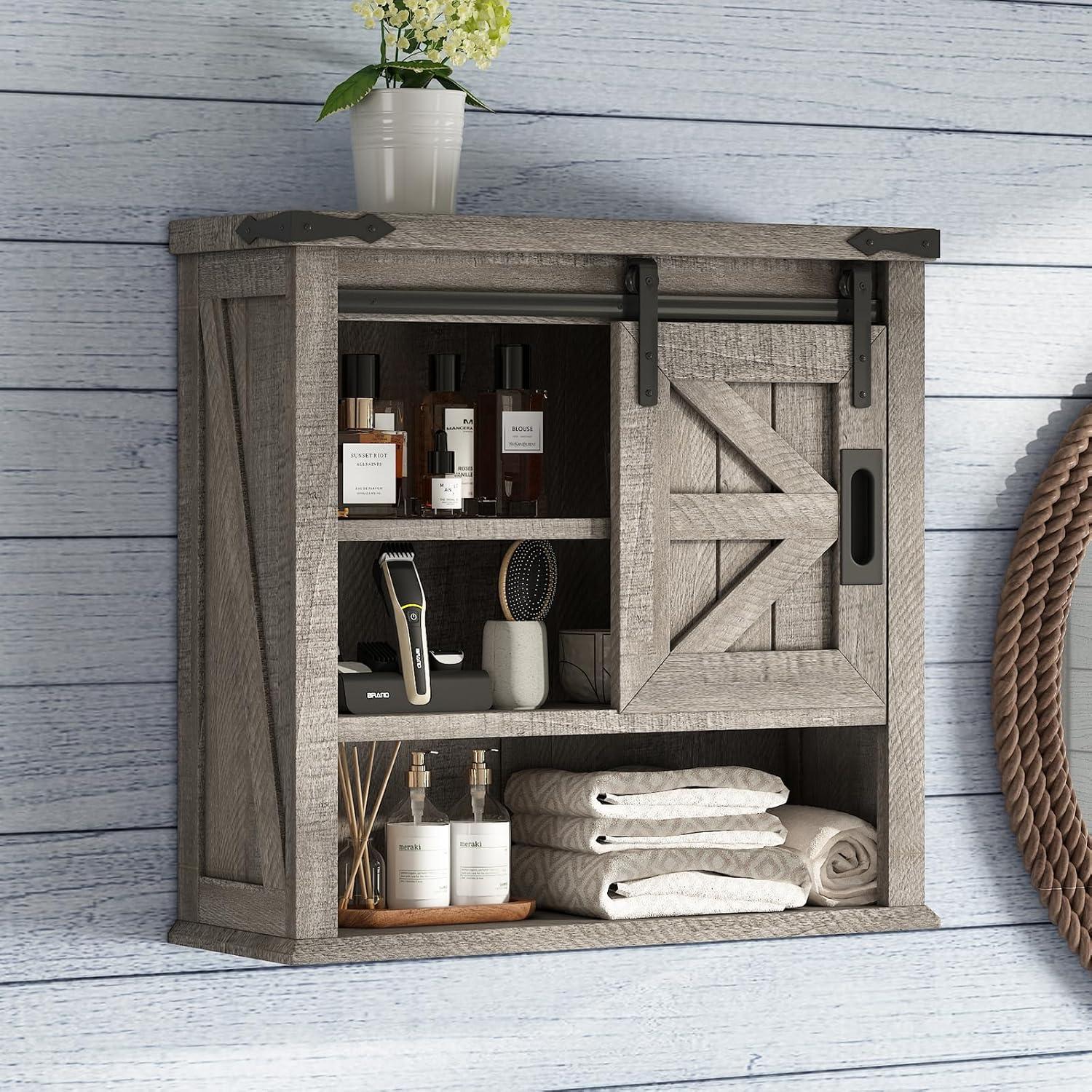 Gracie Oaks 24" Farmhouse Wall Cabinet, Sliding Barn Door & Adjustable Shelf