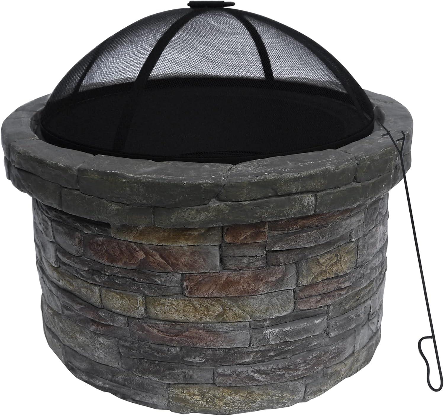 Round Faux Stone Outdoor Wood Burning Fire Pit with Steel Base