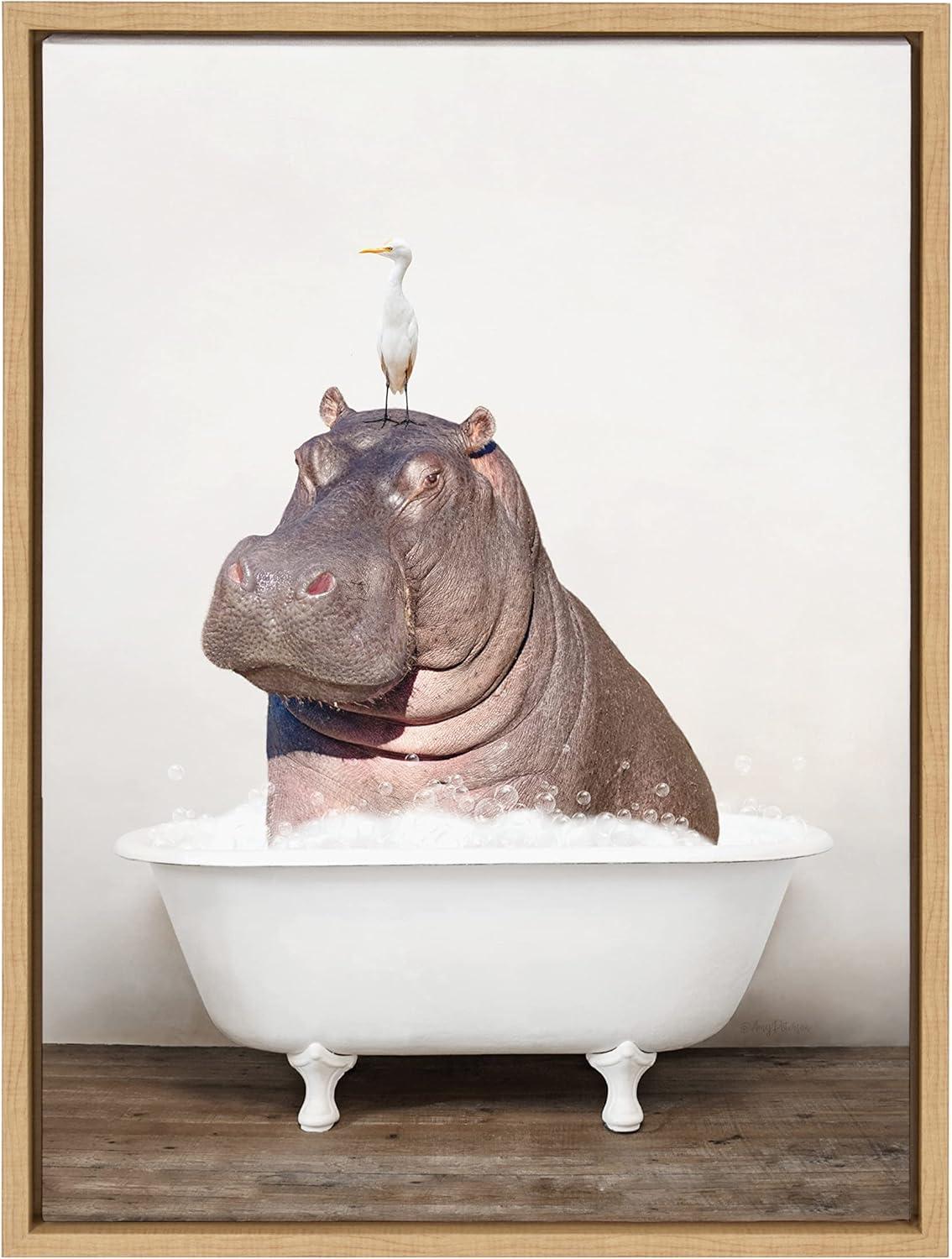 Kate and Laurel Sylvie Hippo and Bird in Rustic Bath Framed Canvas by Amy Peterson Art Studio, 18x24, Natural