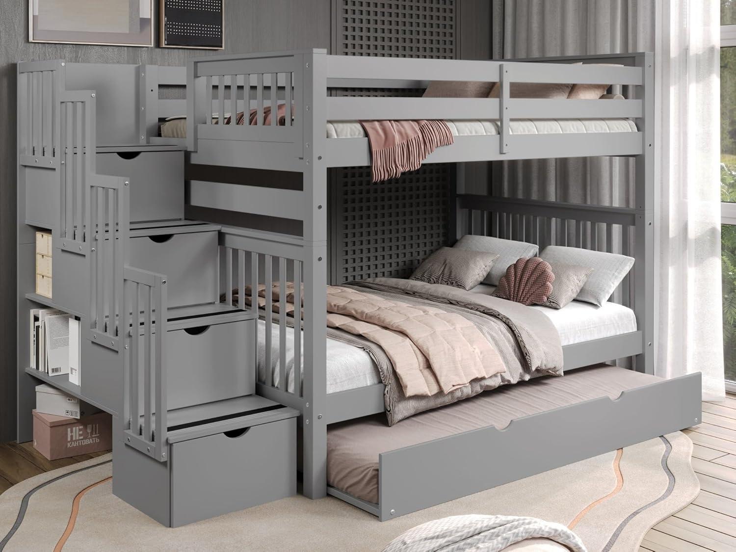 Bedz King Stairway Bunk Beds Full over Full with 4 Drawers in the Steps and a Full Trundle, Gray