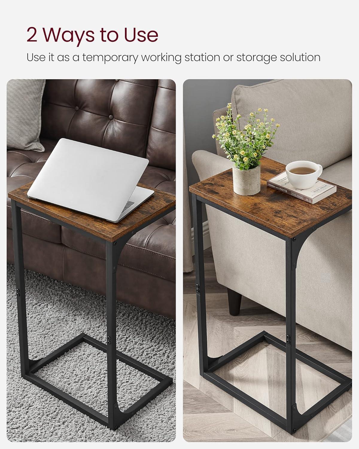 Rustic Brown and Black C-Shaped Metal Frame Side Table