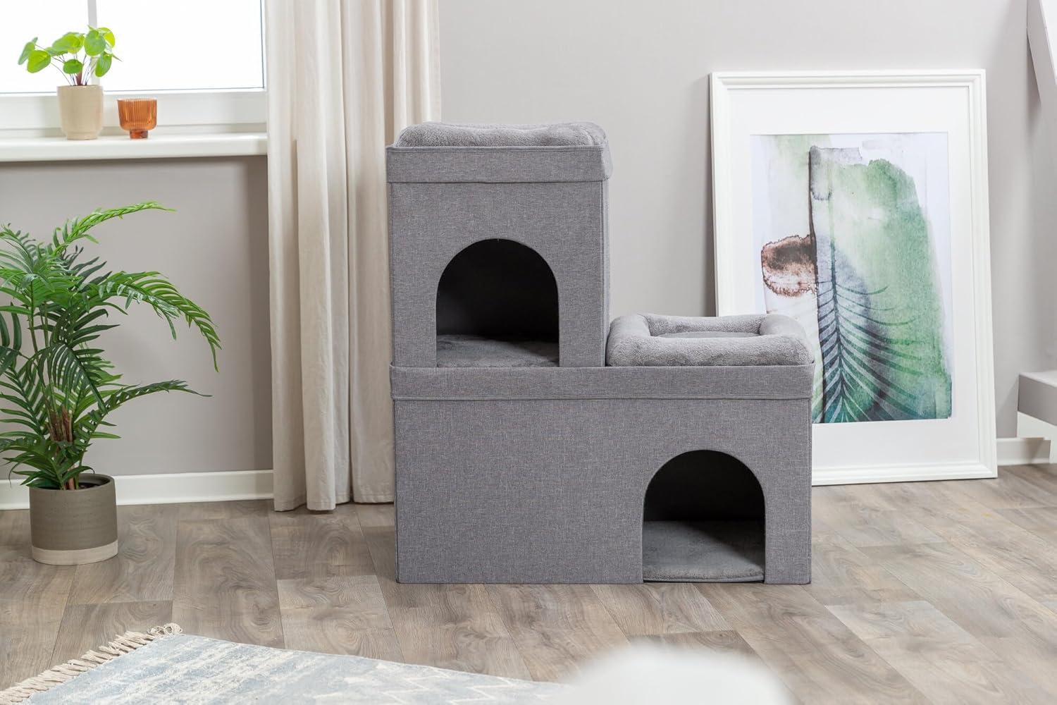 TRIXIE Crazy Cube Stackable 2-Story Indoor Cat Condo, Cat House with Scratching Pad, Gray