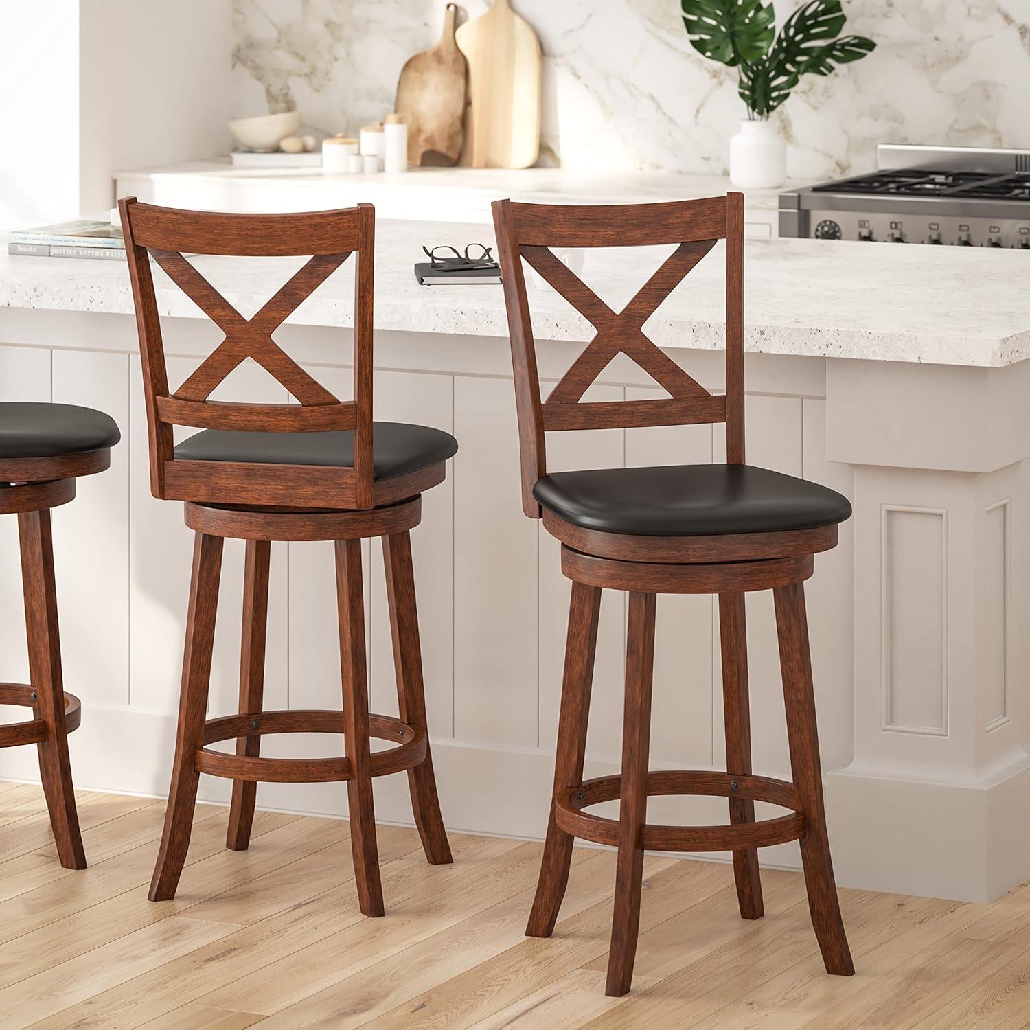 Merrick Lane 30" Gray Wash Walnut Classic Wooden Crossback Swivel Bar Height Pub Stool with Black Faux Leather Padded Seat and Integrated Footrest