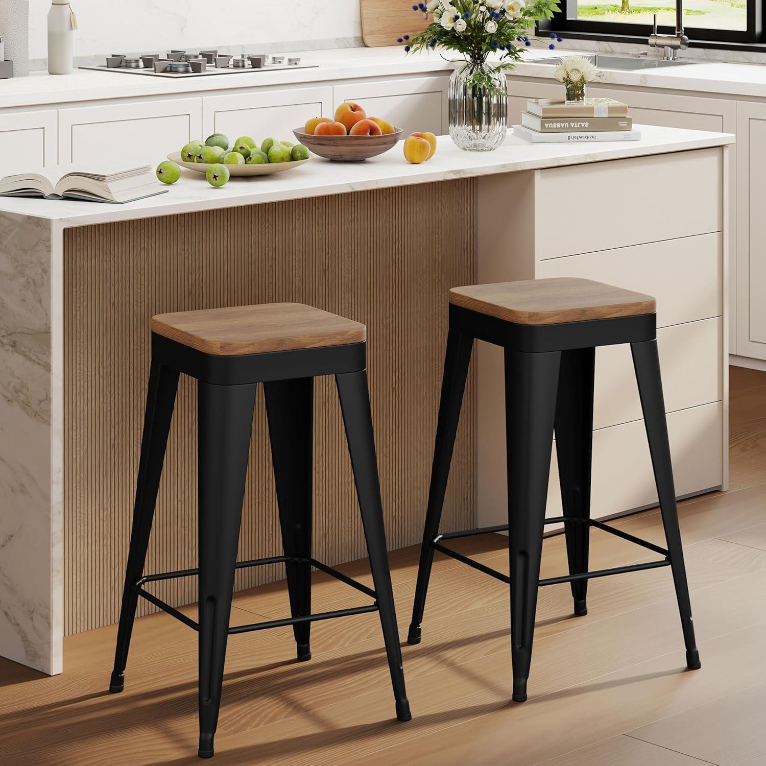 Stools Set of 4 Counter Height  Stools Metal Barstools with Removable Back 30" Kitchen  Stools with Wooden Seat