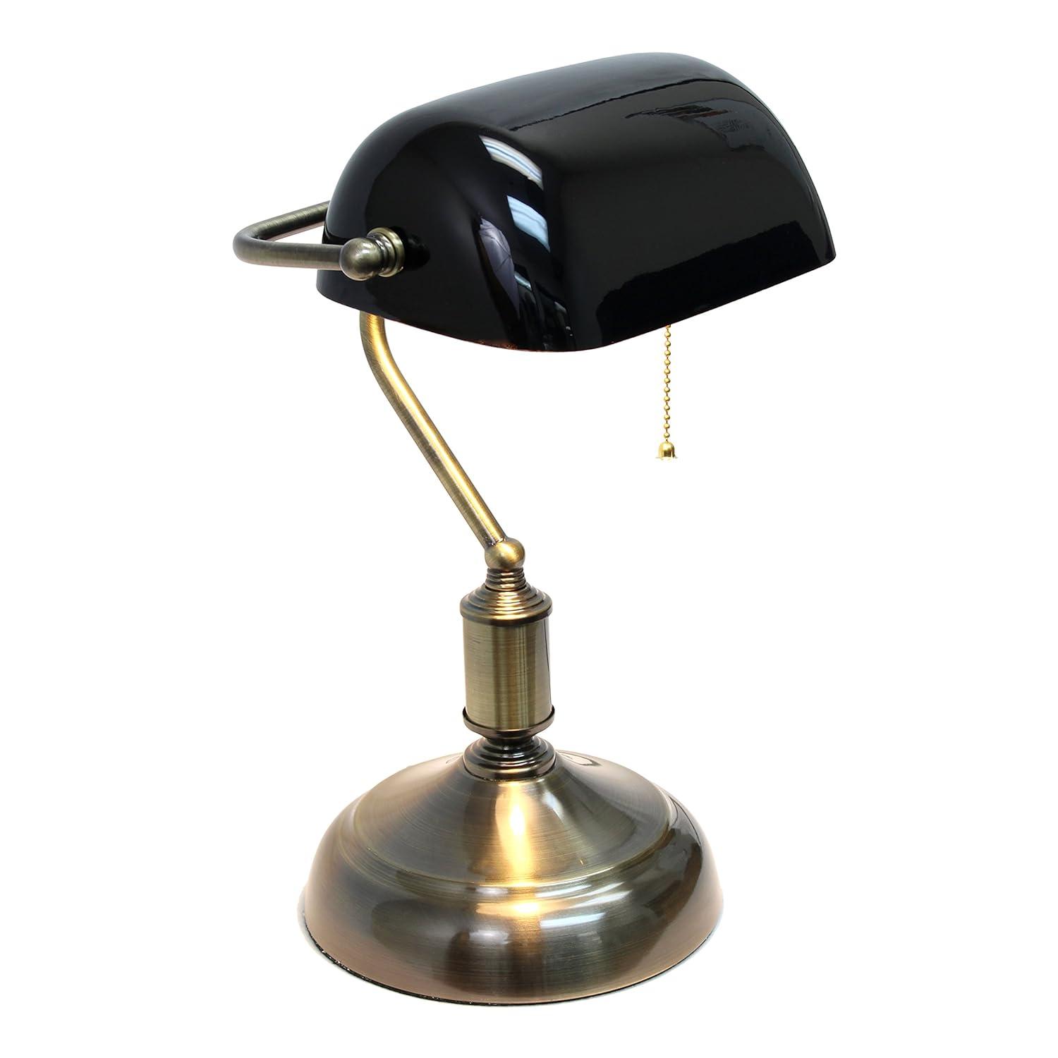Executive Banker's Desk Lamp with Glass Shade Black - Simple Designs: ETL Listed, Metal Body, Pull Chain