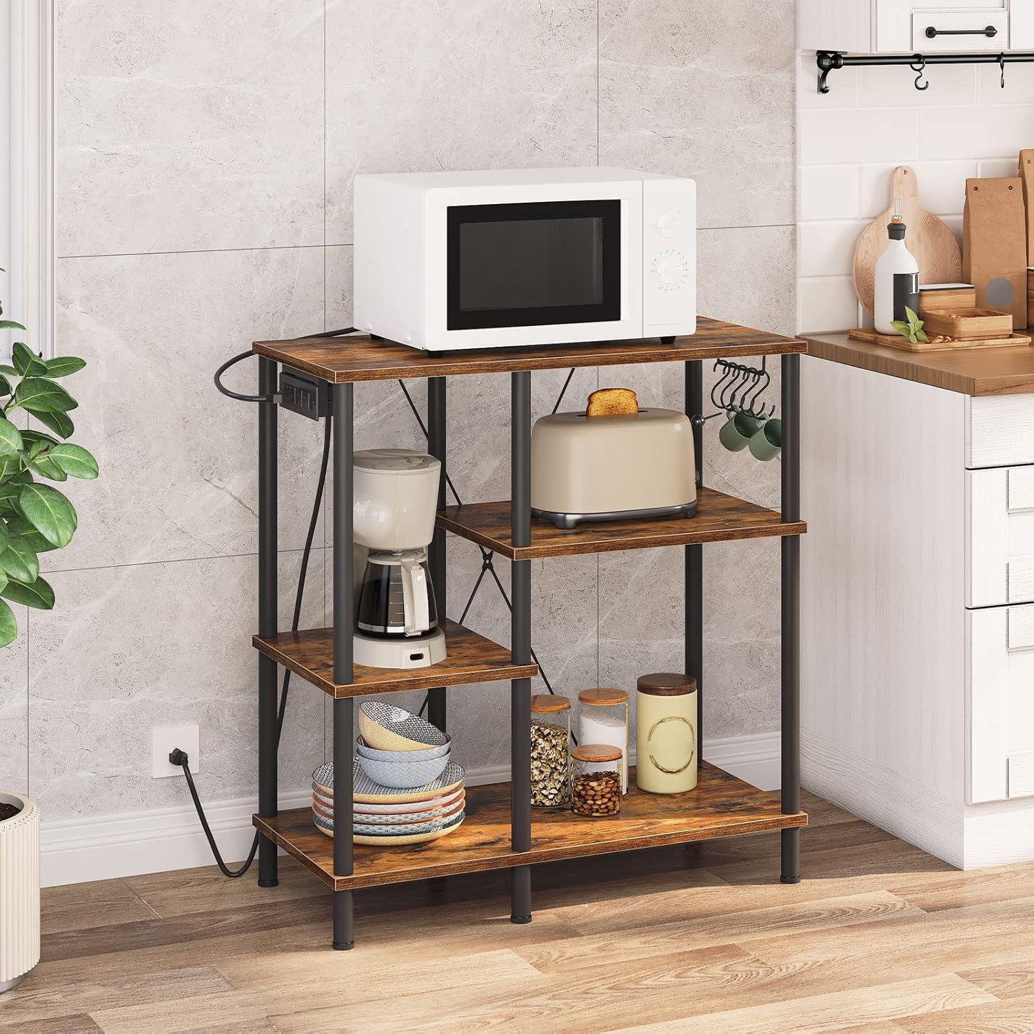 Rustic Brown and Black 4-Tier Kitchen Storage Rack with Power Outlet