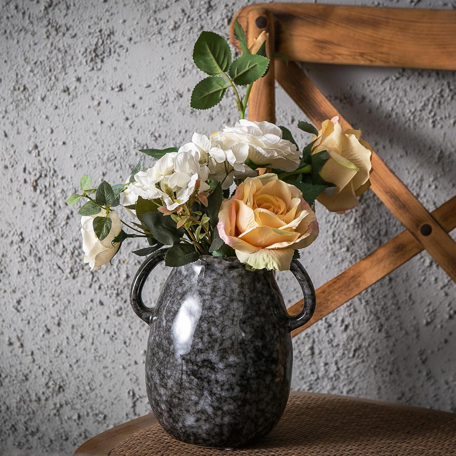 Kimdio Brown Ceramic Vase with 2 Handles, Modern Farmhouse Vase for Home Decor, Vintage Rustic Pottery Vase, Decorative Terracotta Vase, Clay Jug for Living Room Dining Table Shelf
