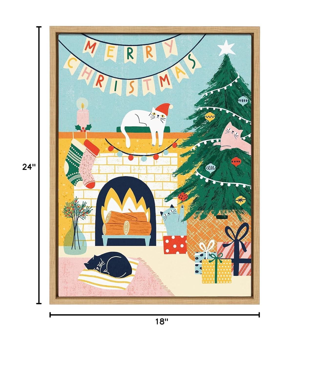 Kate and Laurel Sylvie TG Christmas Cats Framed Canvas Wall Art by Tania García, 18x24 Natural, Colorful Christmas Animal Art for Wall