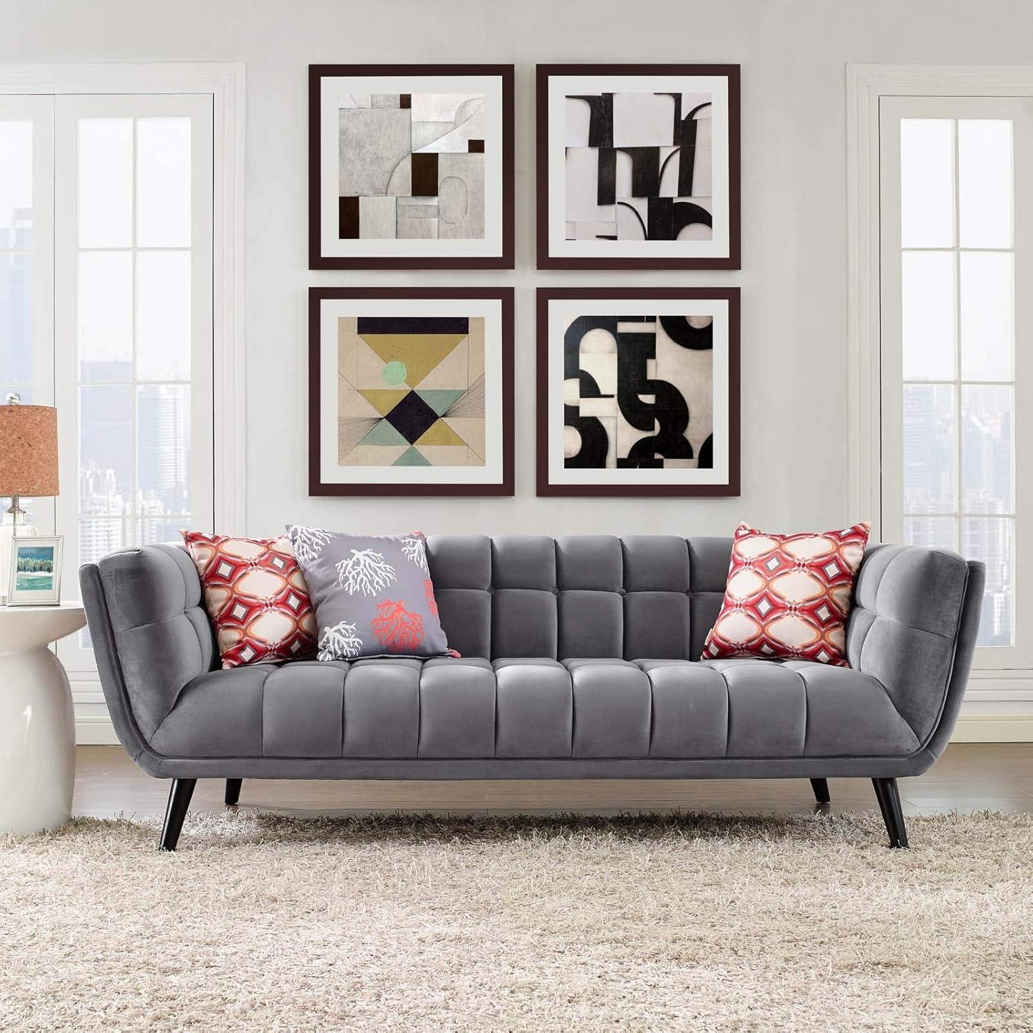 Elegant Gray Velvet Tufted Sofa with Track Arms