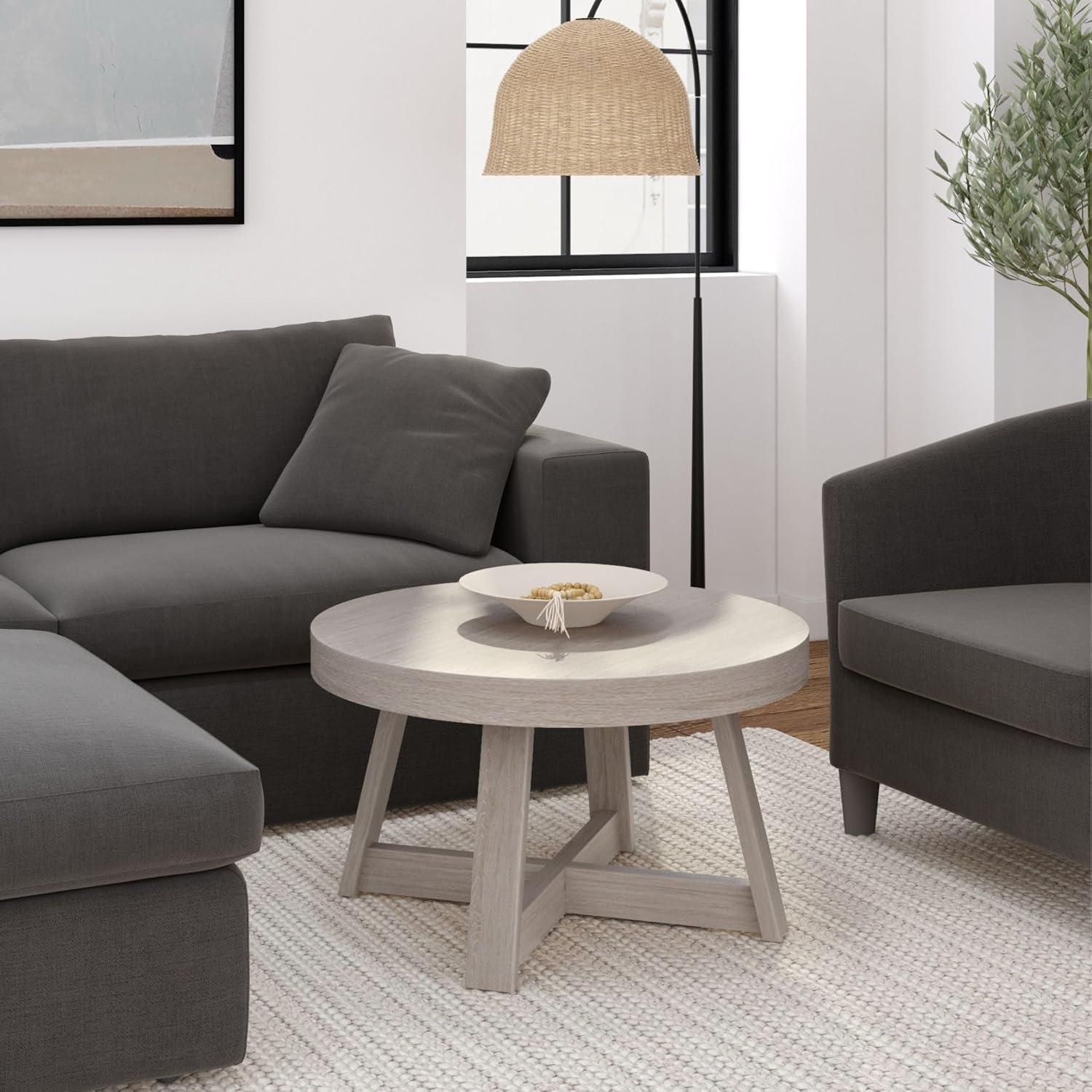 Plank+Beam Solid Wood Classic Round Coffee Table, 36" Farmhouse Coffee Table, Seashell Wirebrush