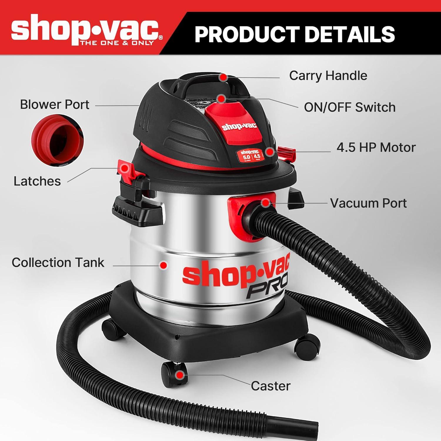 Shop-Vac 5989305 Wet/Dry Vacuum, 5 Gallon, 4.5 Peak HP Stainless Steel Vacuum, 1.25 Inch Diameter x 7 Foot Hose, 6 Ft Cord Length, Ideal for Jobsite, Garage, Car & Workshop