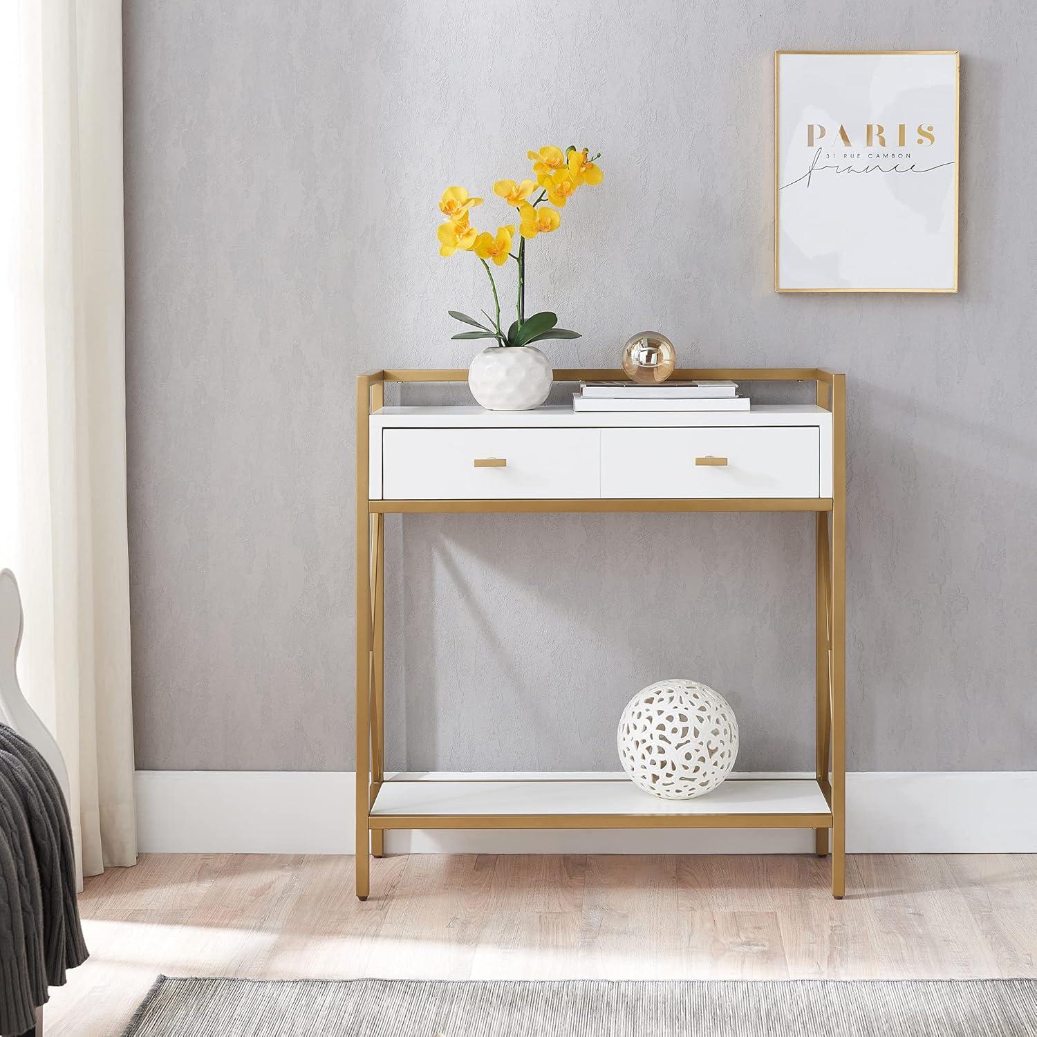 Claudette White and Gold Metal Wood Console Table with Storage