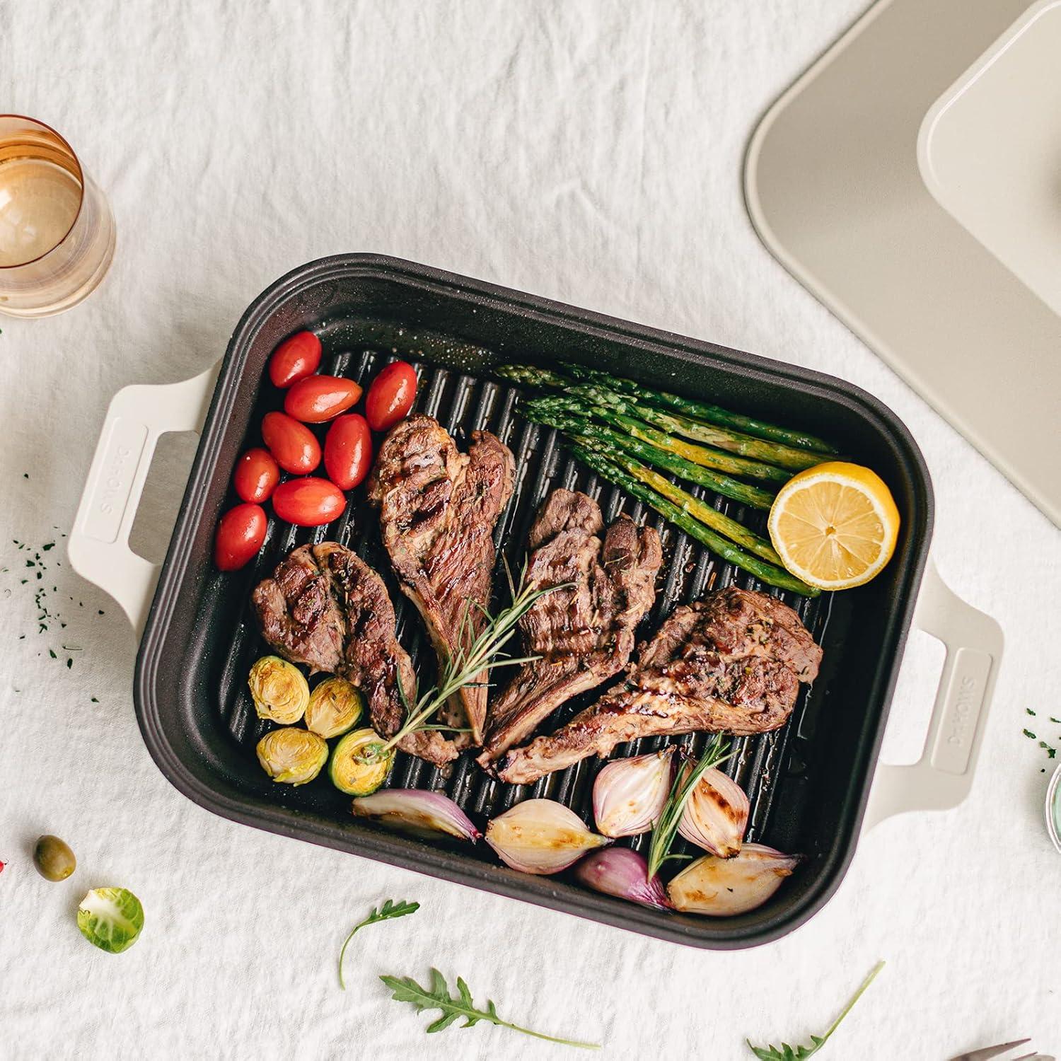 Dr.HOWS Ceramic Non-Stick Coating Square Grill Pan with Lid (Cream)
