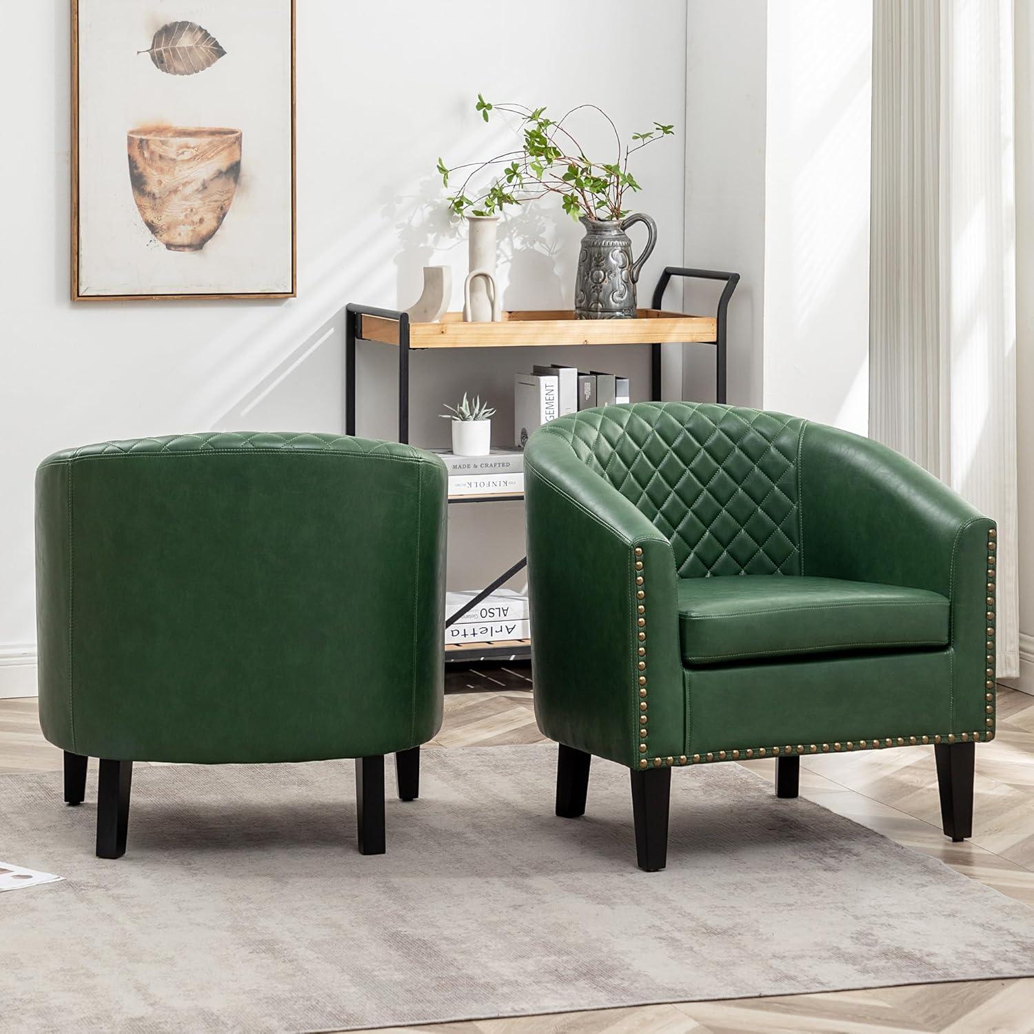 Green Faux Leather Barrel Accent Chairs with Nailhead Trim, Set of 2