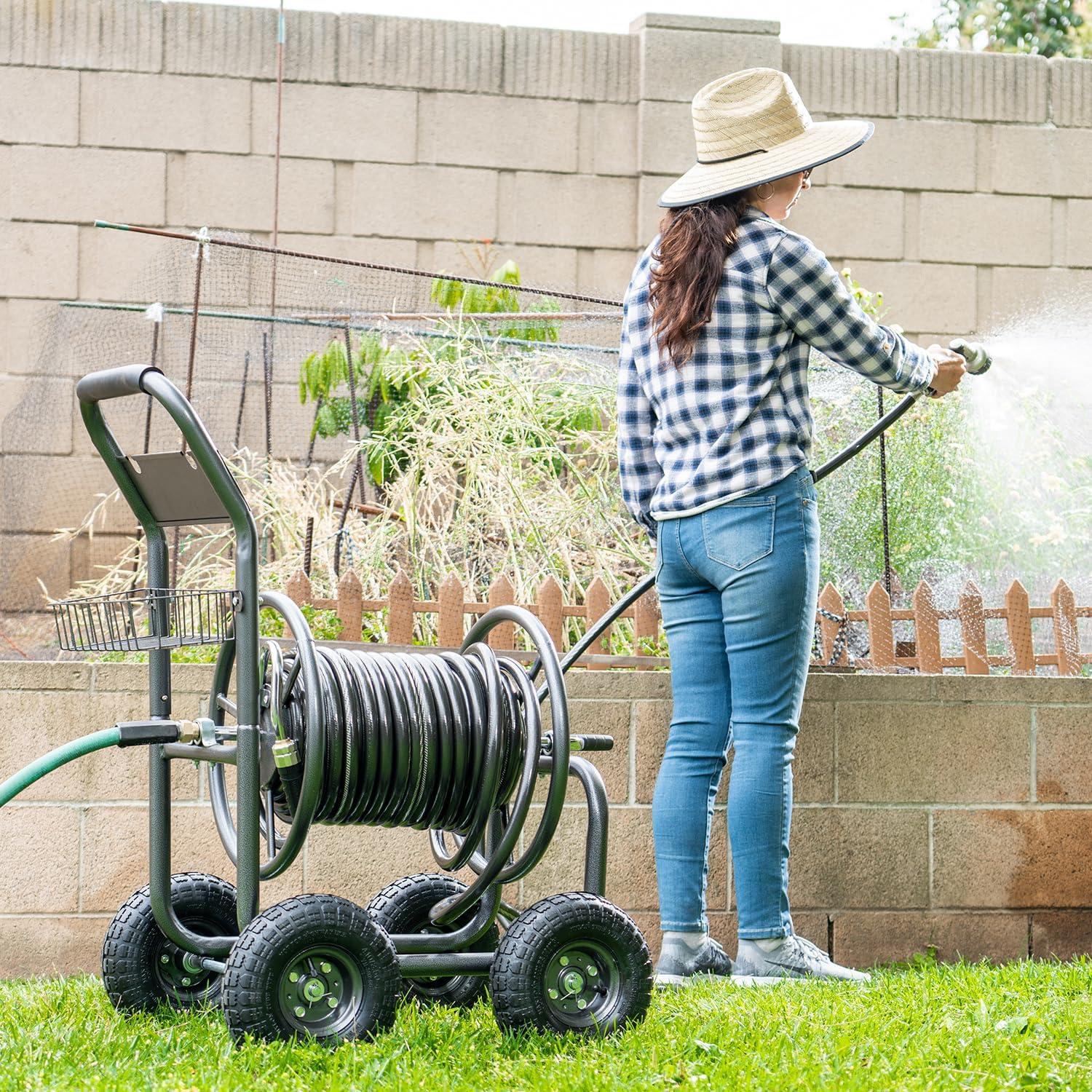 Heavy Duty Black Metal Garden Hose Reel Cart with Pneumatic Wheels