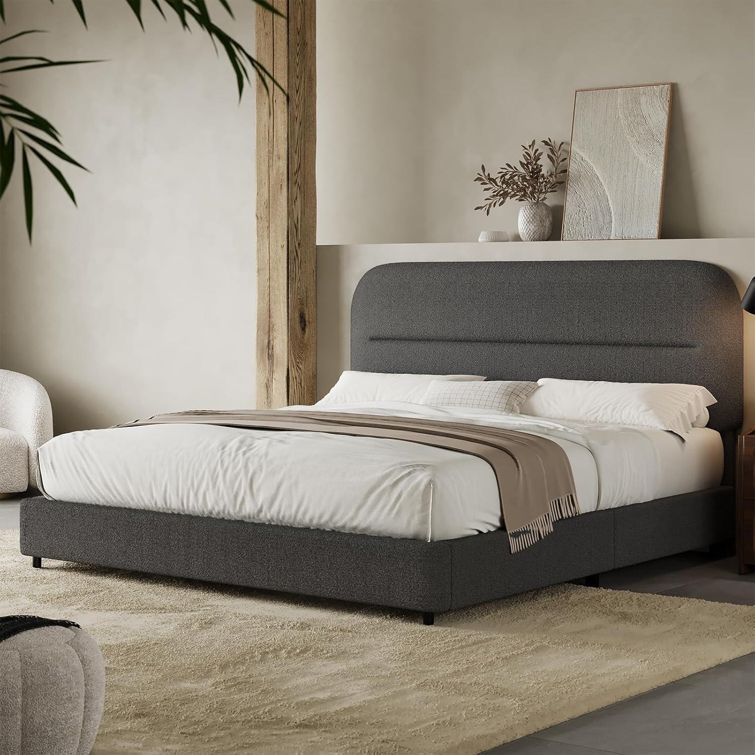 Boucle Upholstered Platform Bed Frame