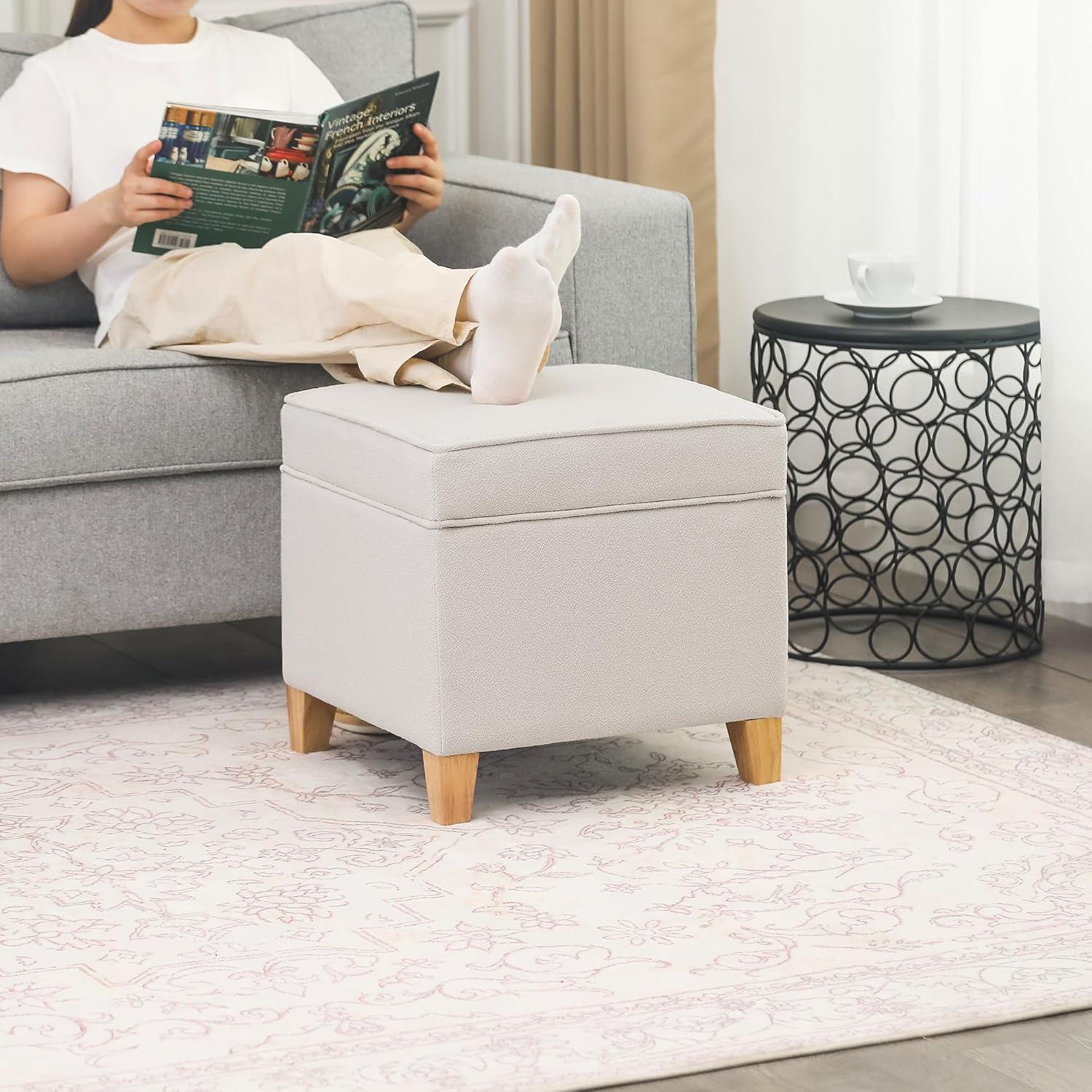 HomePop Cole Classics Square Storage Ottoman with Lift Off Top Linen: Upholstered Footstool, Wood Legs, Polyester