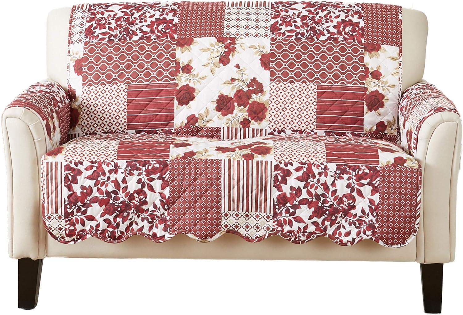 Reversible Stitched Patchwork Sofa Furniture Protector - Great Bay Home(Loveseat, Burgundy)