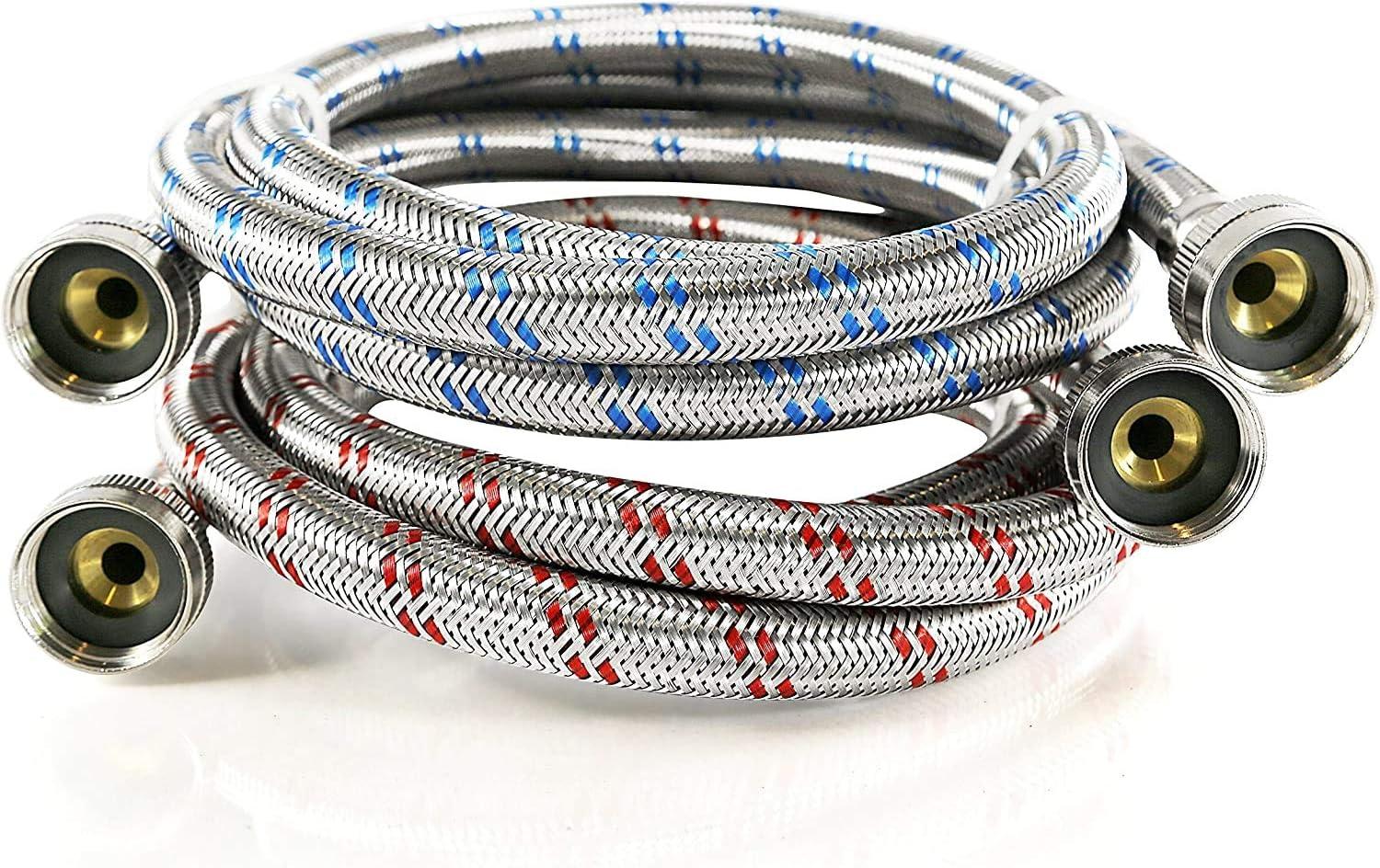 K&J Premium 4ft Stainless Steel Washing Machine Hoses Burst Proof 2 Pack - Hot and Cold Water Supply Hoses for Washing Machines
