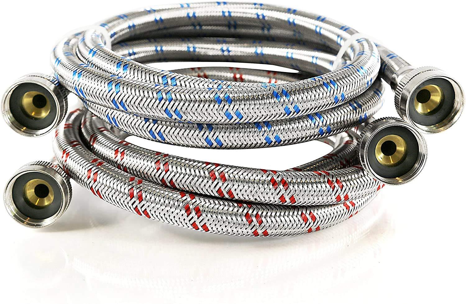 K&J Premium 4ft Stainless Steel Washing Machine Hoses Burst Proof 2 Pack - Hot and Cold Water Supply Hoses for Washing Machines