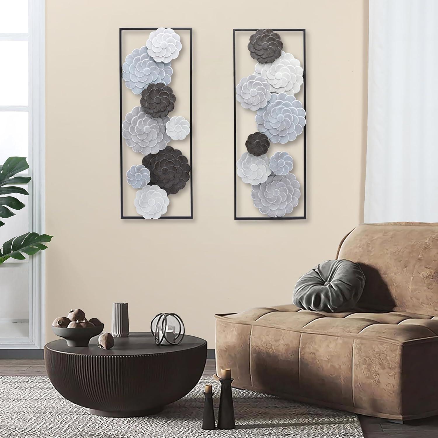 LuxenHome Multi-Color Flowers Metal Rectangular Panels Wall Decor Wall Art, Set of 2 Multicolored