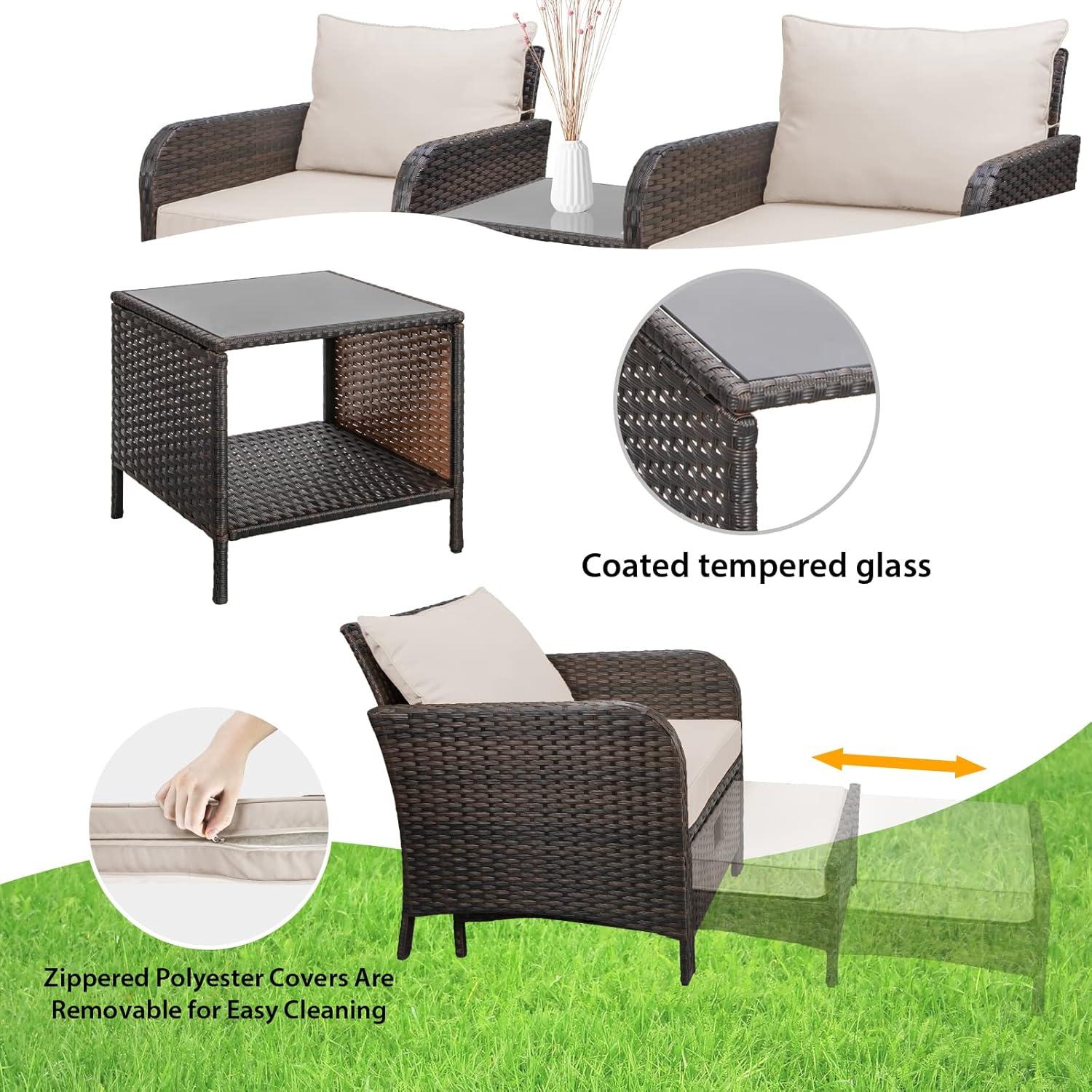 Beige Cushioned Brown Wicker 5-Piece Patio Conversation Set