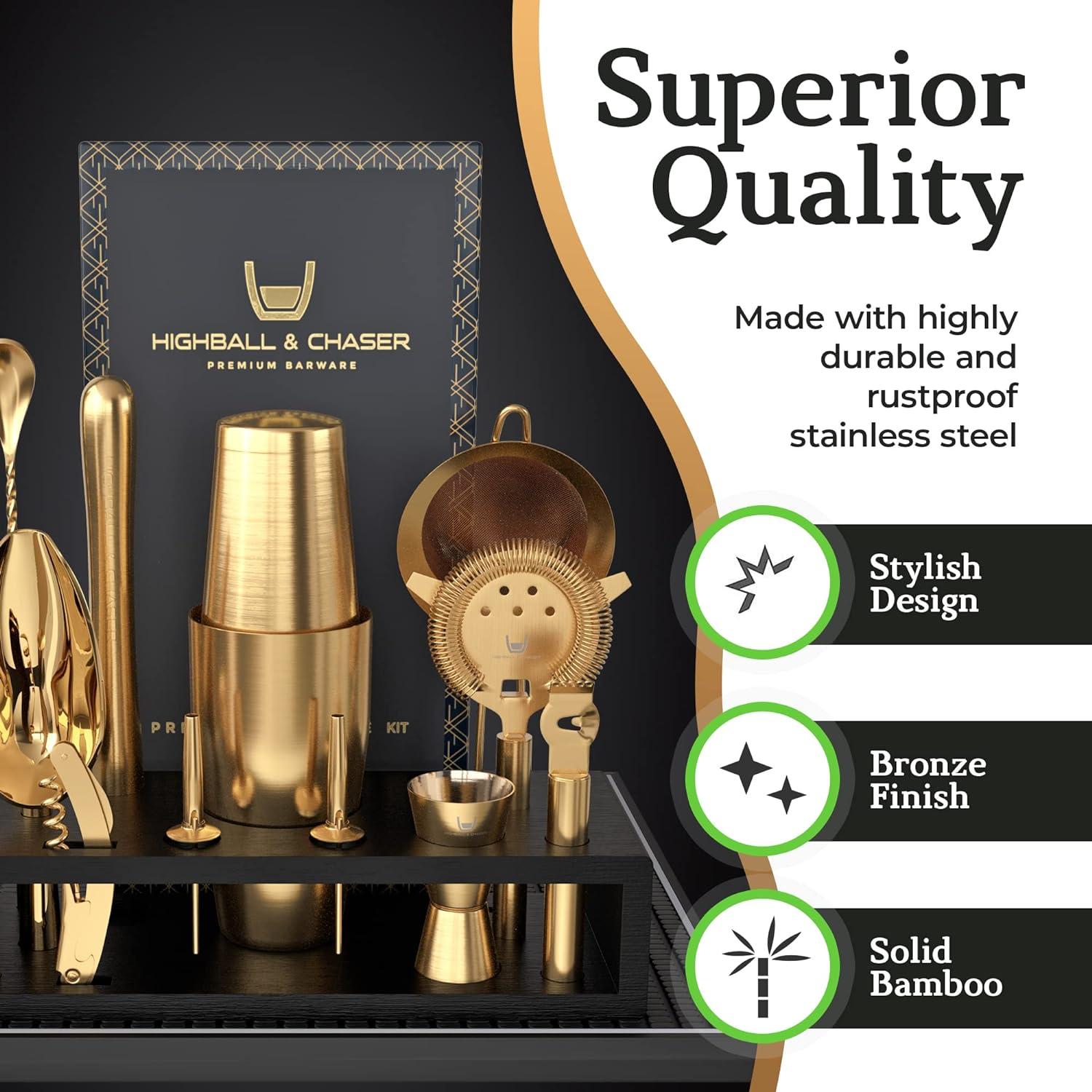 Highball & Chaser 13-Piece Boston Cocktail Shaker Set Stainless Steel Mixology Bartender Kit With Stand For Home Bar Cocktail Set | Laser Engraved Cocktail Tools | Plus E-Book with 30 Cocktail Recipes