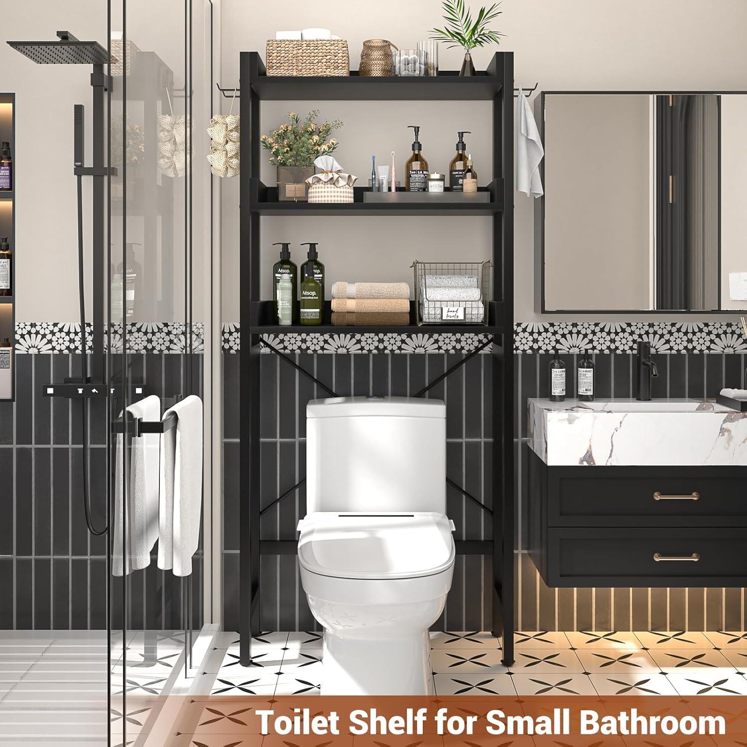3-Tier Over The Toilet Storage, Space Saver Metal Bathroom Shelves, Freestanding Above Over Toilet Storage Shelf With 4 Hooks For Bathroom, Black