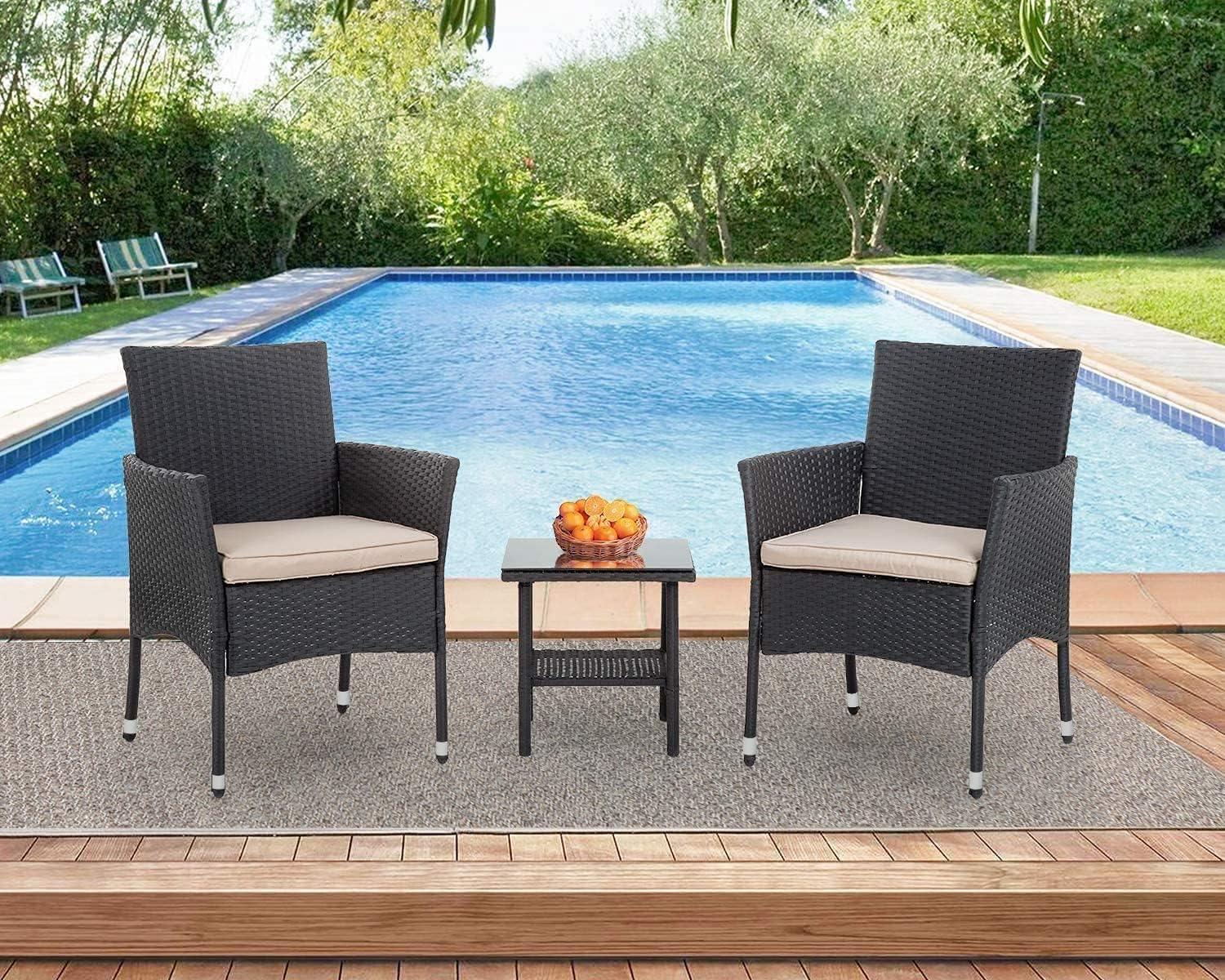 Black and Beige Wicker Rattan Patio Bistro Set with Cushions