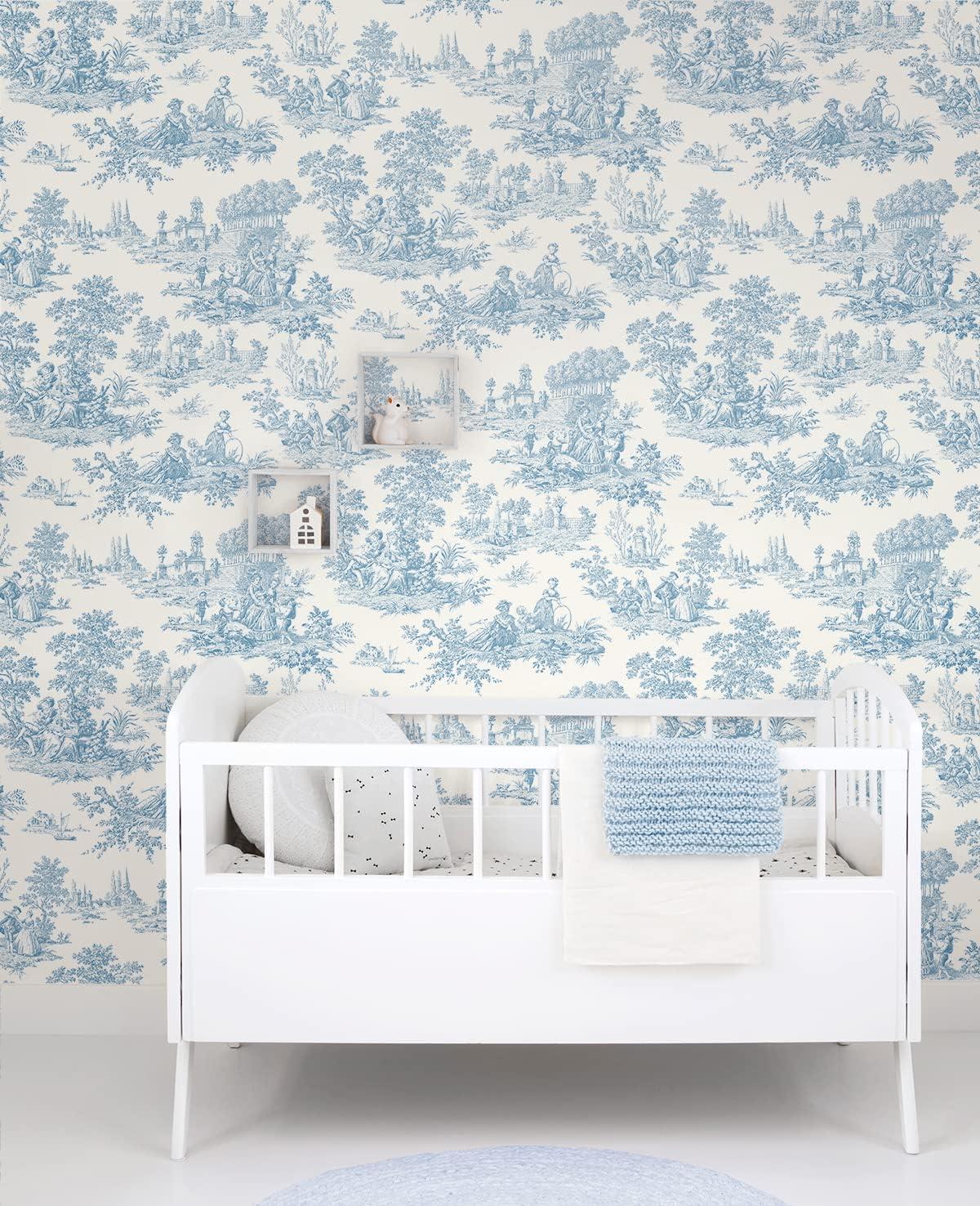 NextWall Chateau Toile Peel and Stick Wallpaper Blue: Removable Vinyl, Self-Adhesive, Traditional Toile Design, 30.75 Sq Ft Coverage