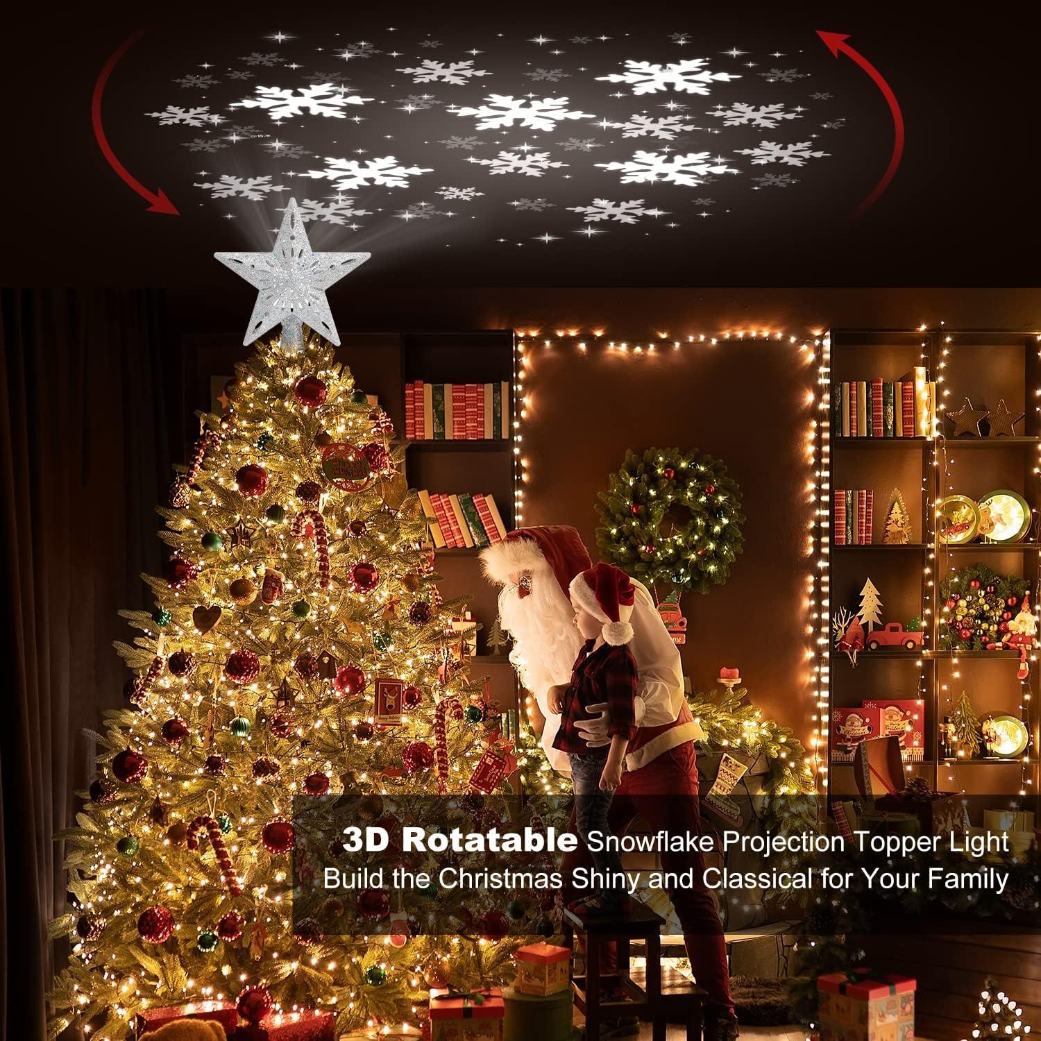 Christmas Tree Topper Lighted, 3D Rotating Pattern Projector for Xmas Tree Topper, 6 Pattern Projection Modes, Built-in LED Projection Light for Christmas Decorations