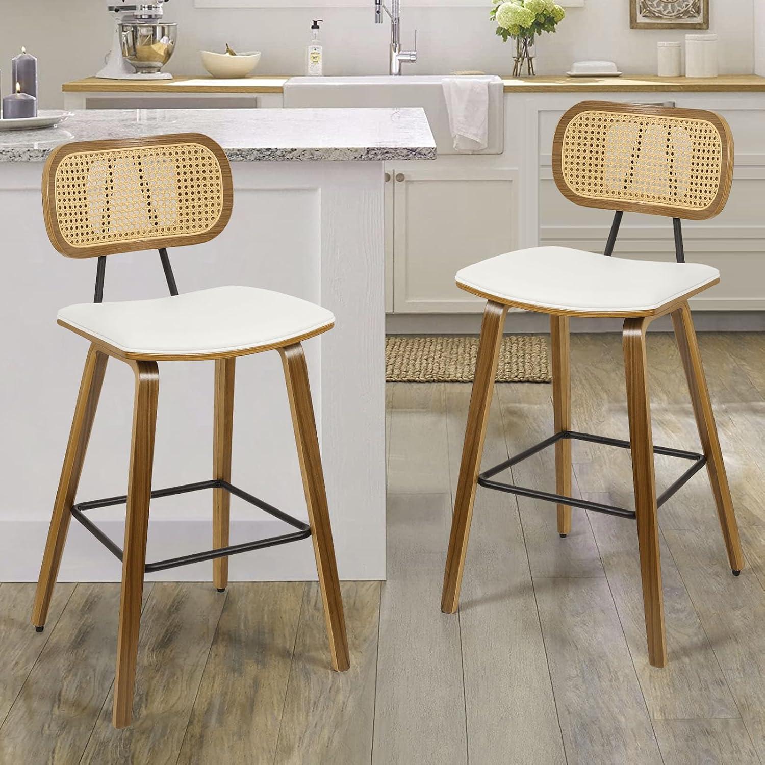 Counter Height Bar Stools Set of 2, Mid Century Modern Counter Stools, 26" Wood Kitchen Stool Boucle Fabric Upholstered Barstool with Rattan Back, Counter Height Island Dining Bar Chair, White